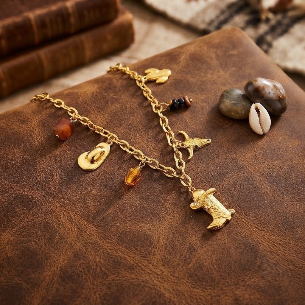 Grossiste COSMOS - Collier doré charms western cowboy taureau botte perles acier inoxydable tendance
