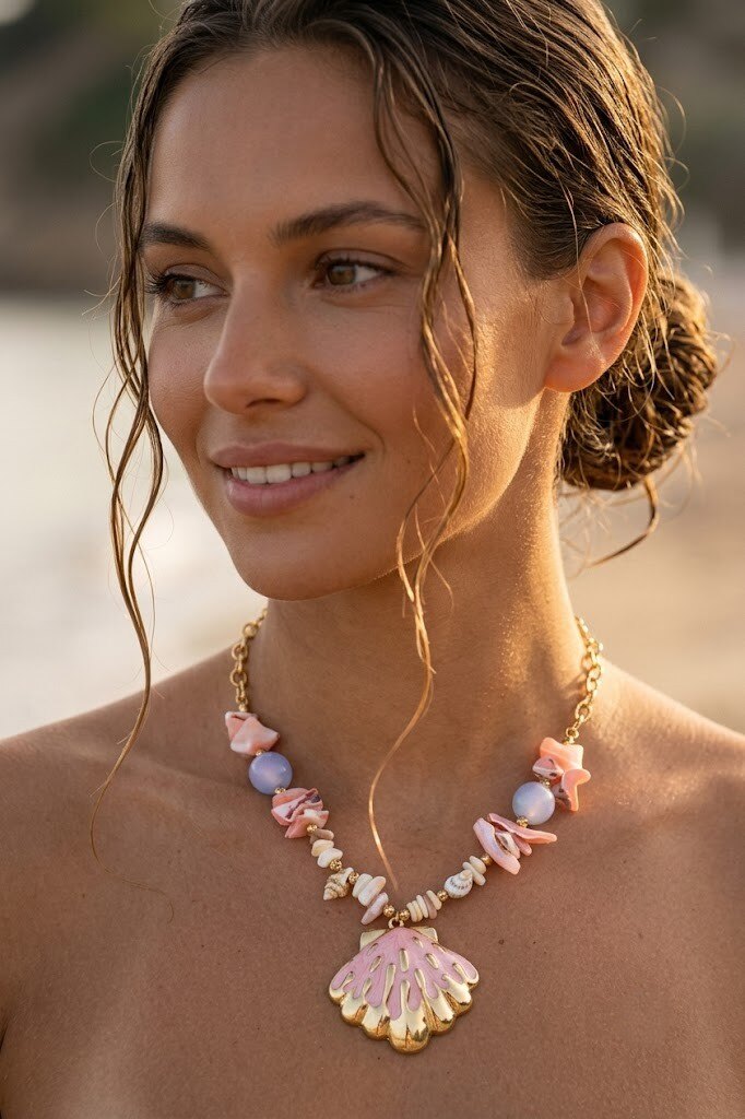Grossista COSMOS - Collana conchiglia dorata con perle colorate, tendenza estiva da spiaggia per donna
