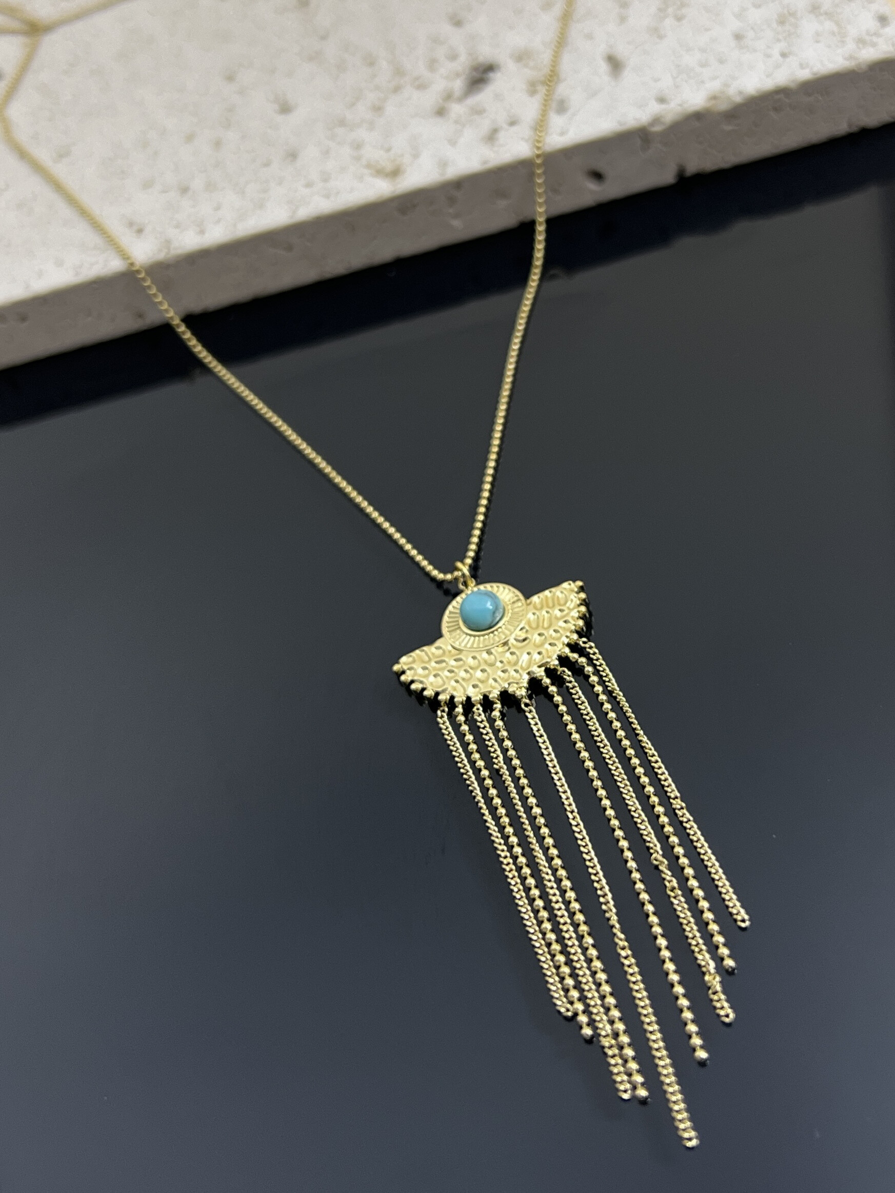 Wholesaler COSMOS - Long Refined Necklace with Turquoise Stone and Hanging Chains - Bohemian Elegance