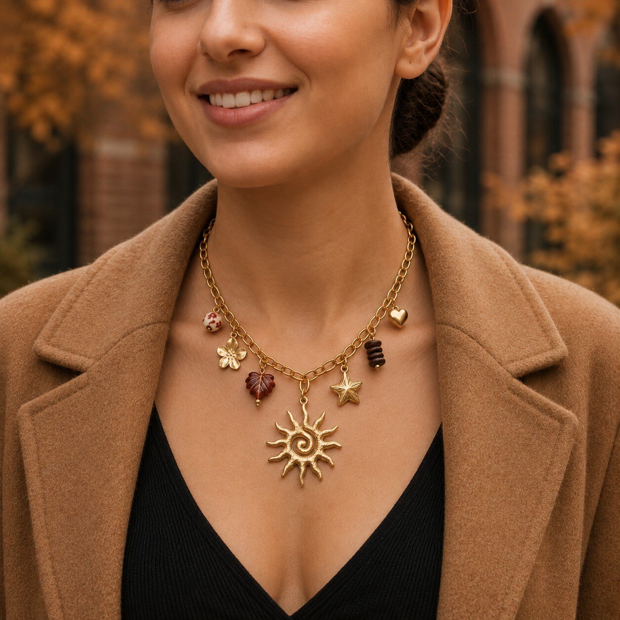 Grossiste COSMOS - Collier soleil spiralé charms nature perles doré acier inoxydable femme tendance