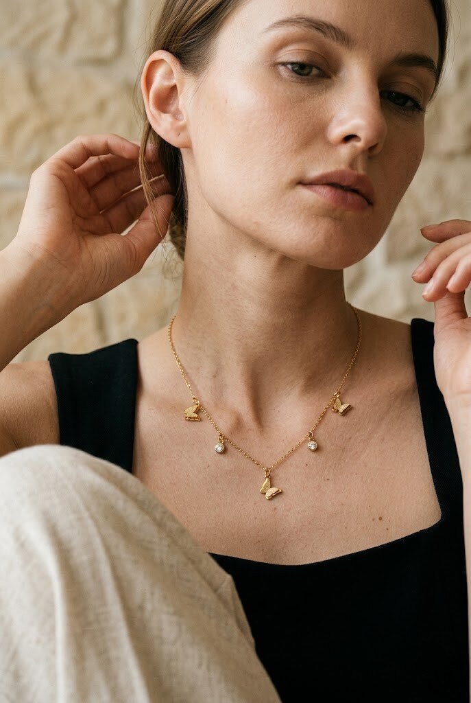 Wholesaler COSMOS - Golden butterfly necklace with crystal, delicate stainless steel, feminine, poetic, elegant, chic