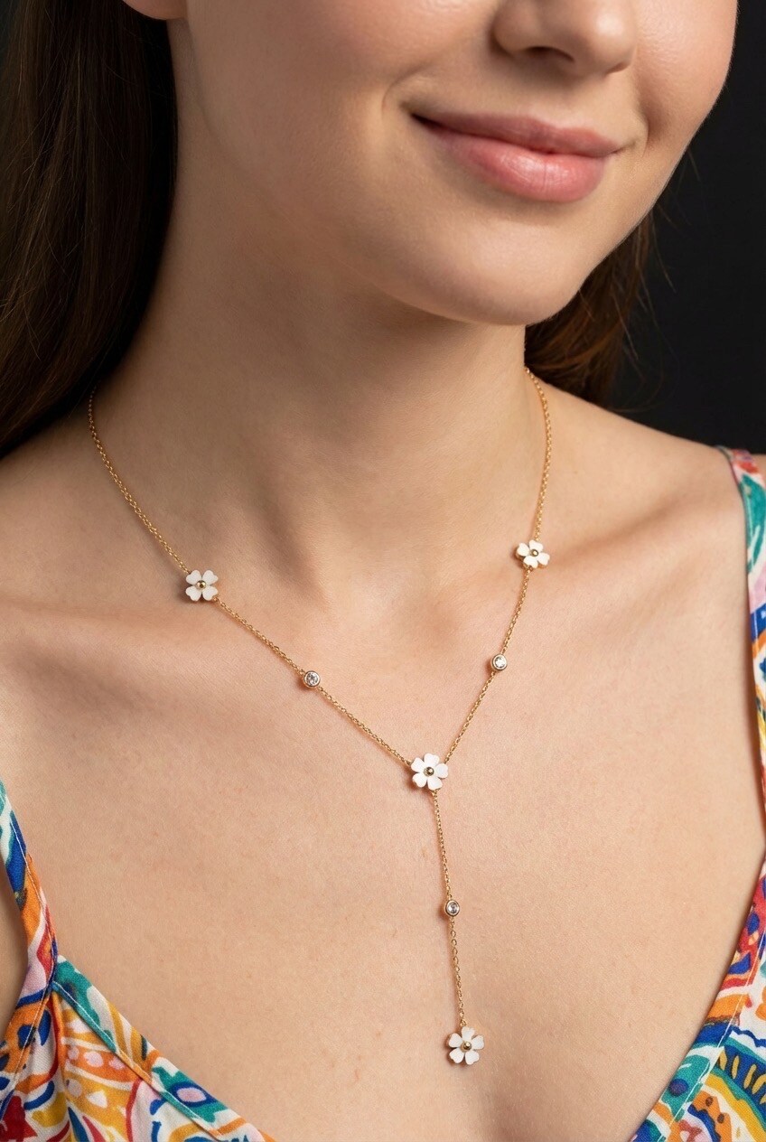 Mayorista COSMOS - Collar Y que cae flor nacarada acero inoxidable elegante ajustable moderno chic