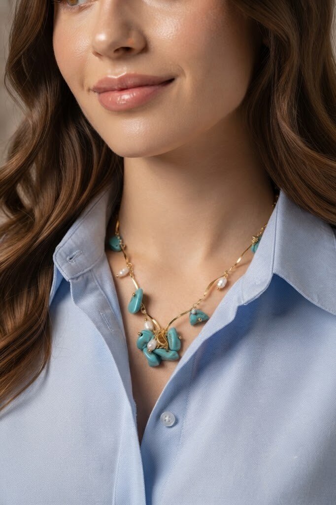 Grossiste COSMOS - Collier pierres naturelles perles acier inoxydable doré turquoise brun multicolore élégant