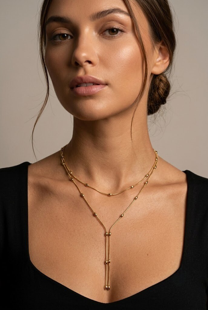 Wholesaler COSMOS - Golden Double Layer Necklace with Fine Beads in Stainless Steel - Minimalist, Chic, Elegant