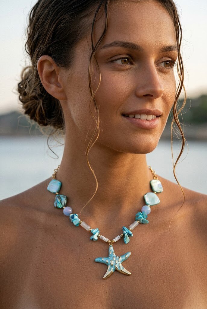 Grossista COSMOS - Collana da spiaggia estiva alla moda con stella marina, conchiglia dorata e perline colorate per donna