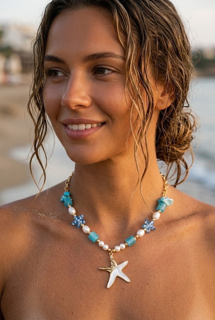 Grossista COSMOS - Collana da spiaggia estiva alla moda con stella in madreperla dorata e perline blu e bianche per donna