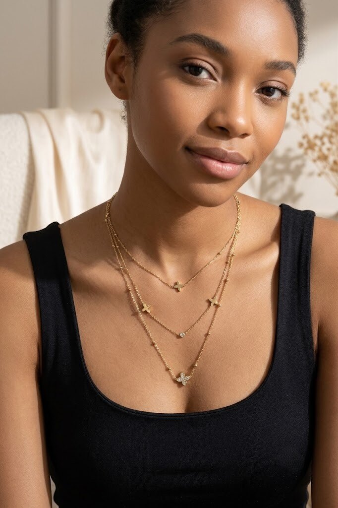 Mayorista COSMOS - Collar de triple vuelta con tréboles en acero inoxidable dorado delicado y luminoso, un amuleto de la suerte para mujer