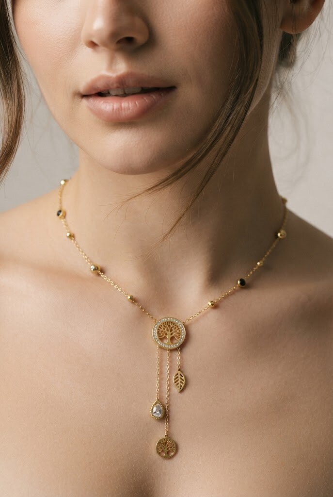Grossiste COSMOS - Collier doré arbre de vie pampilles feuille goutte perles acier inoxydable élégant