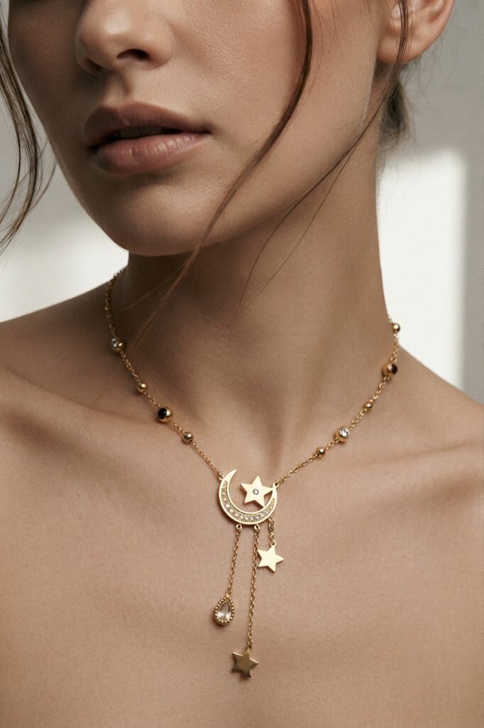 Wholesaler COSMOS - Trendy golden necklace with celestial moon and star charms, shiny stainless steel beads