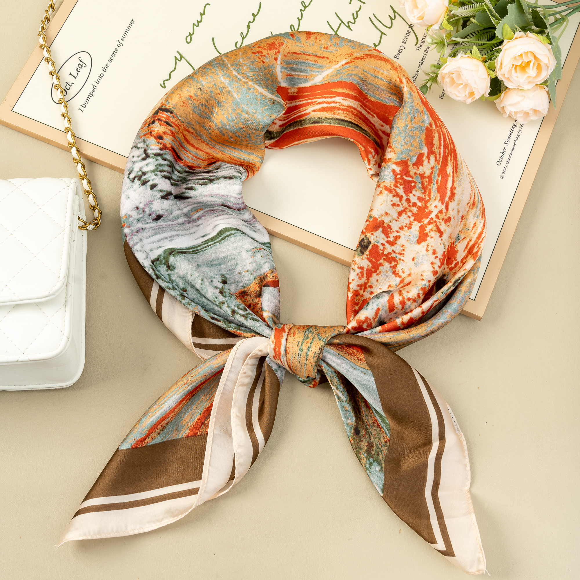 Grossiste COSMOS - Foulard Carré 90 X 90 Polyester Marbré Abstrait Orange Beige