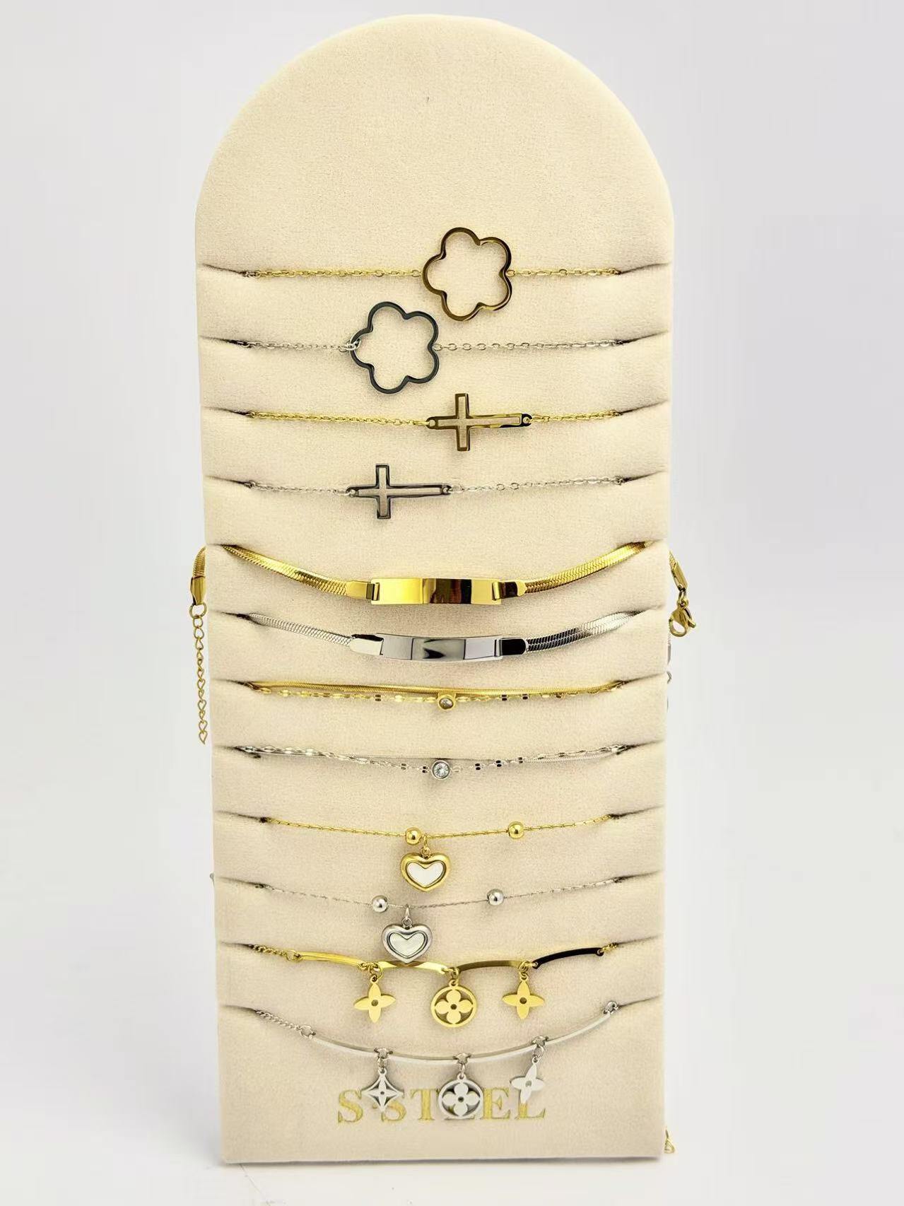 Mayorista COSMOS - Juego de 12 pulseras de acero inoxidable – doradas y plateadas para mujer con diseños variados de moda chic