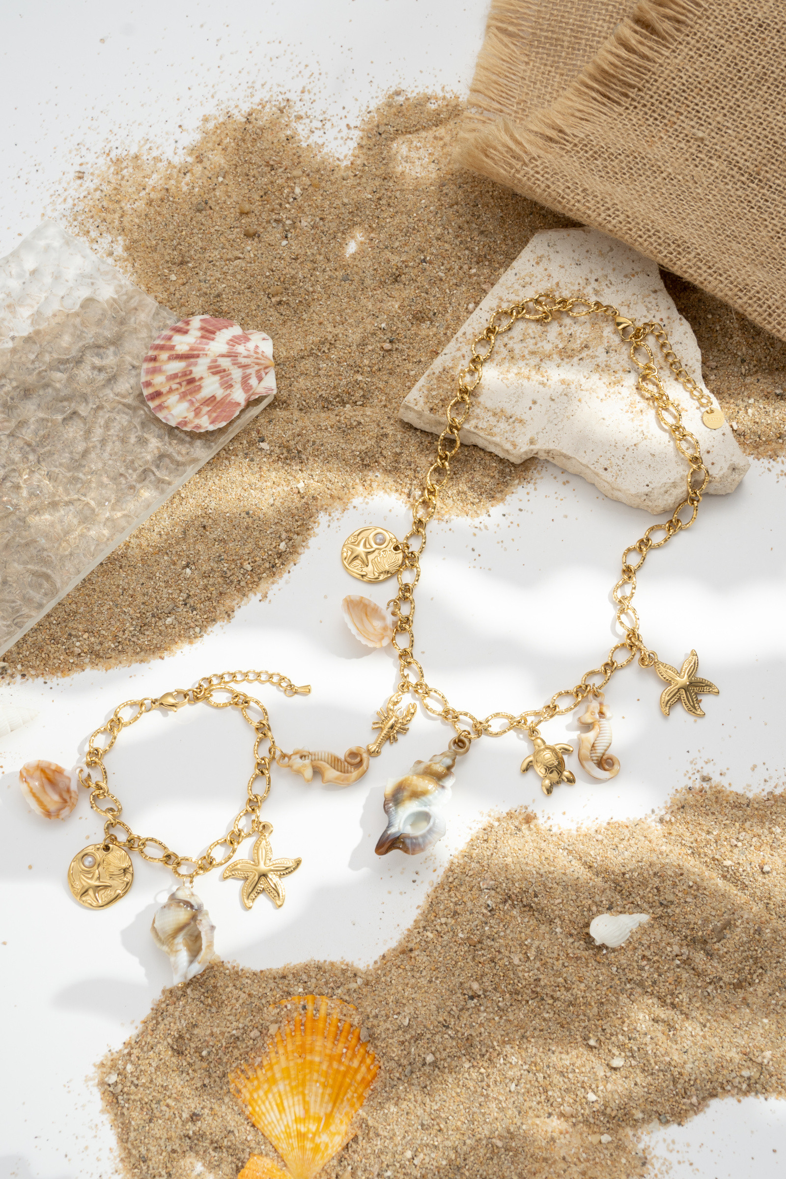 Großhändler COSMOS - Ozean-Stern-Schildkröte-Muschel-Edelstahl-Halskette und Armband-Charms-Set