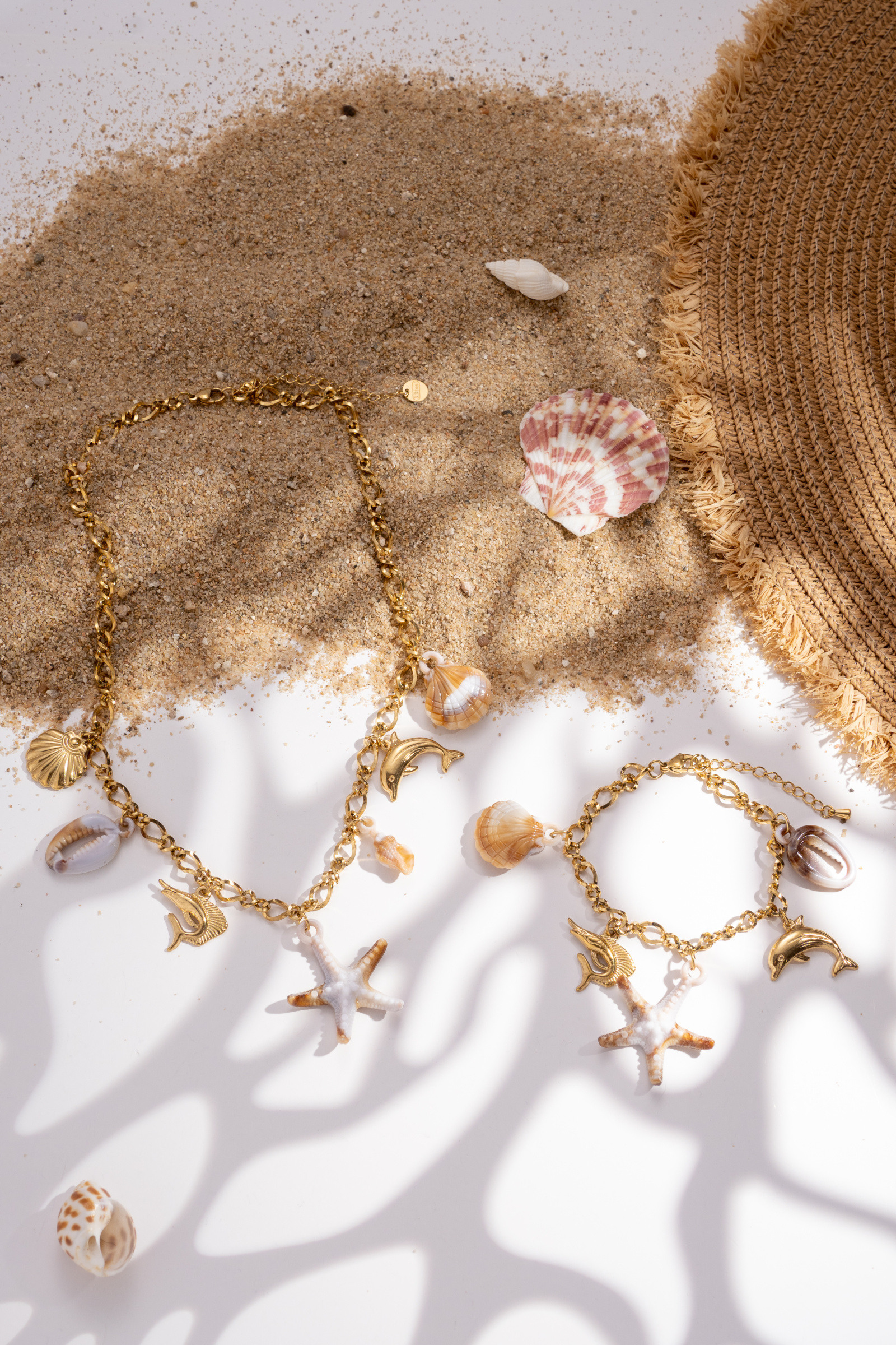 Set Gioielli Mare: Collana Con Ciondoli Stella Marina, Conchiglia E Perla, Orecchini Coordinati, Acciaio Inossidabile Dorato