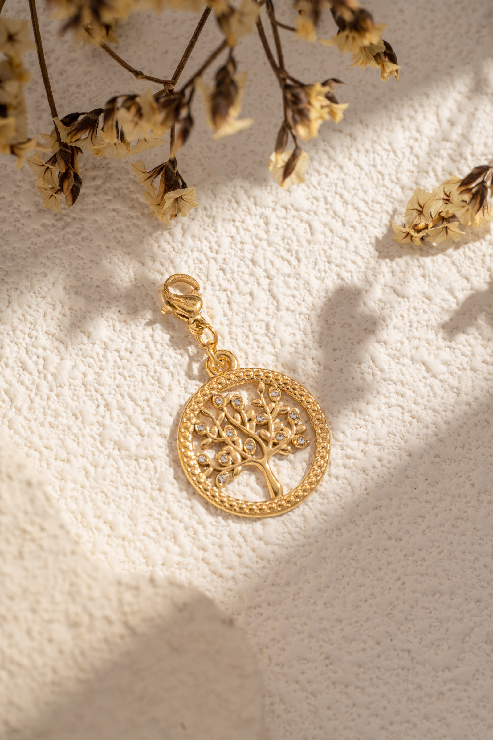 Wholesaler COSMOS - Round gold tree of life pendant with rhinestones for women - chic, elegant, nature symbol