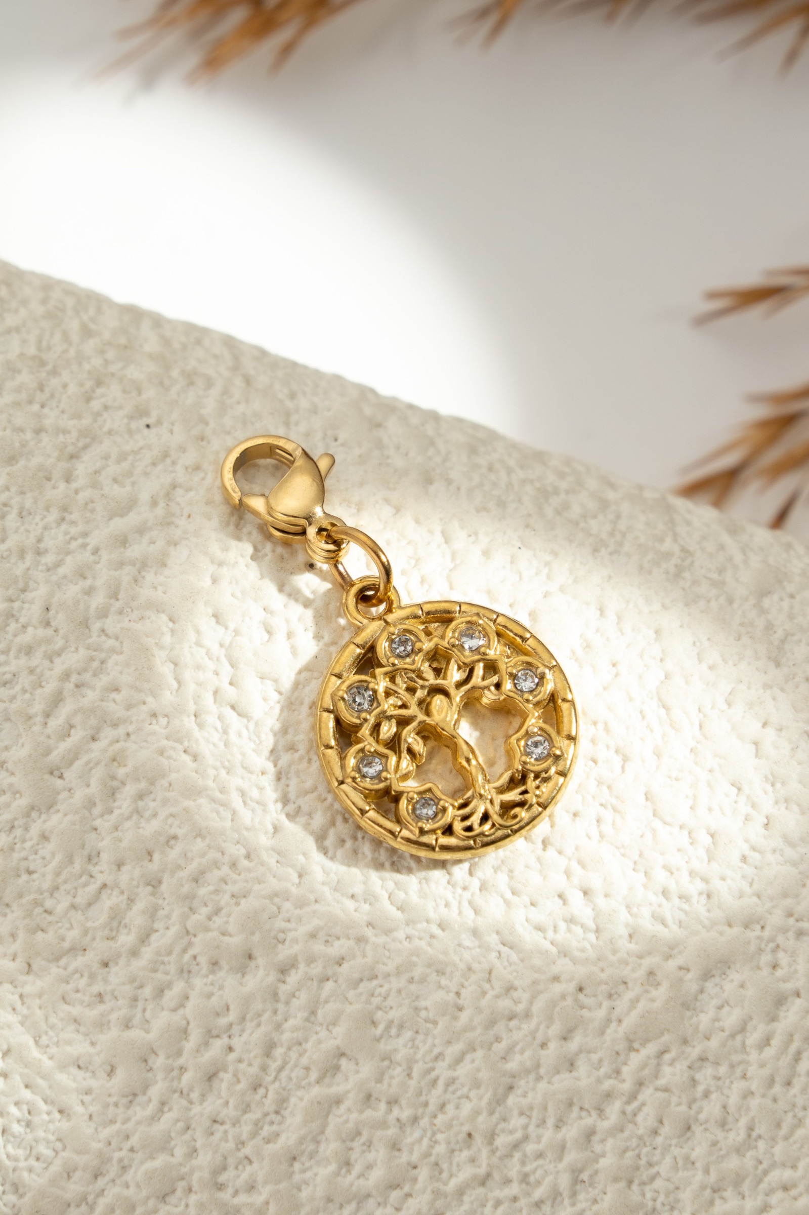 Wholesaler COSMOS - Golden tree of life charm in stainless steel with sparkling rhinestones for bracelet or necklace