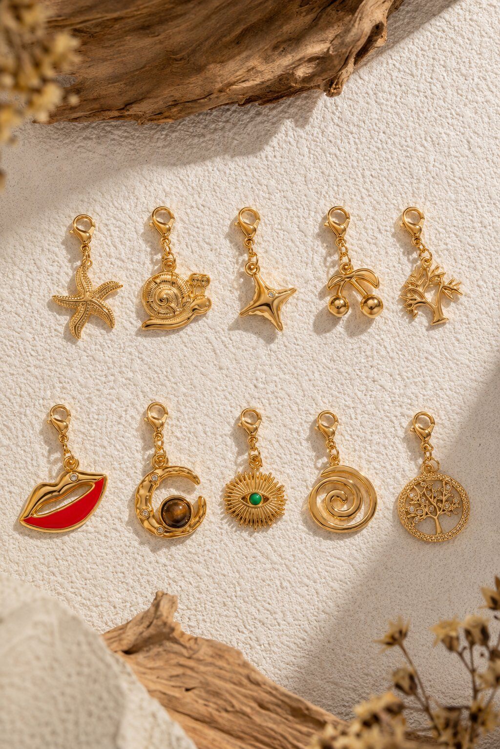 Grossista COSMOS - Set di 10 charms dorati con motivi assortiti di natura e frutta portafortuna