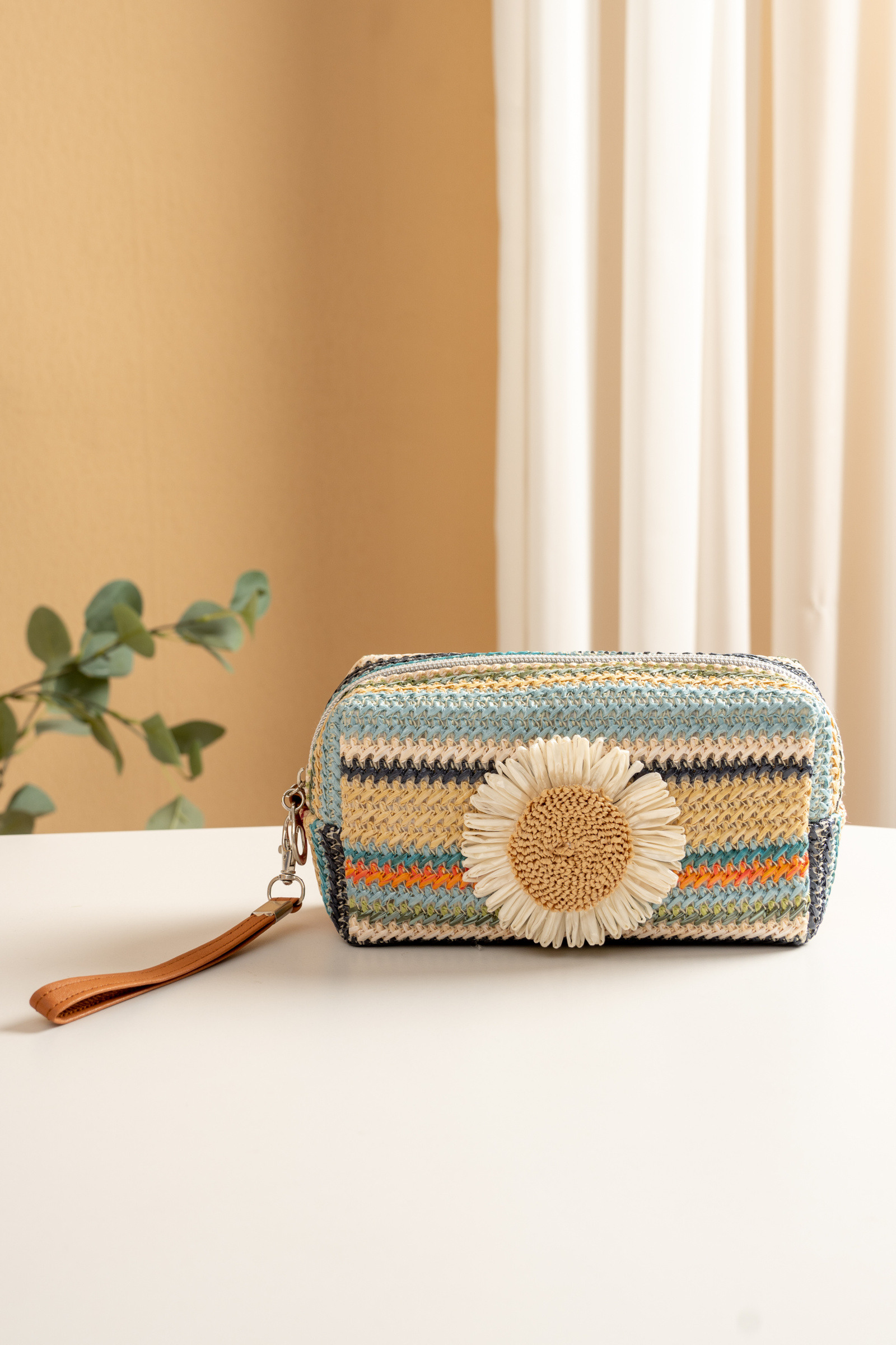 Mayorista COSMOS - Cartera tejida con flores multicolores para mujer, compacta, artesanal, a rayas, bohemia, accesorio de verano a la moda