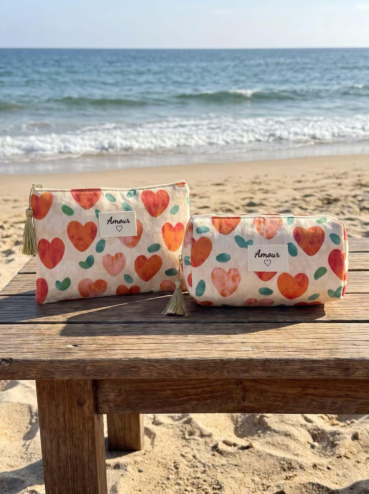 Mayorista COSMOS - Juego de 2 bolsos en forma de corazón Amor crema, cremallera dorada con borla, tamaños dúo prácticos