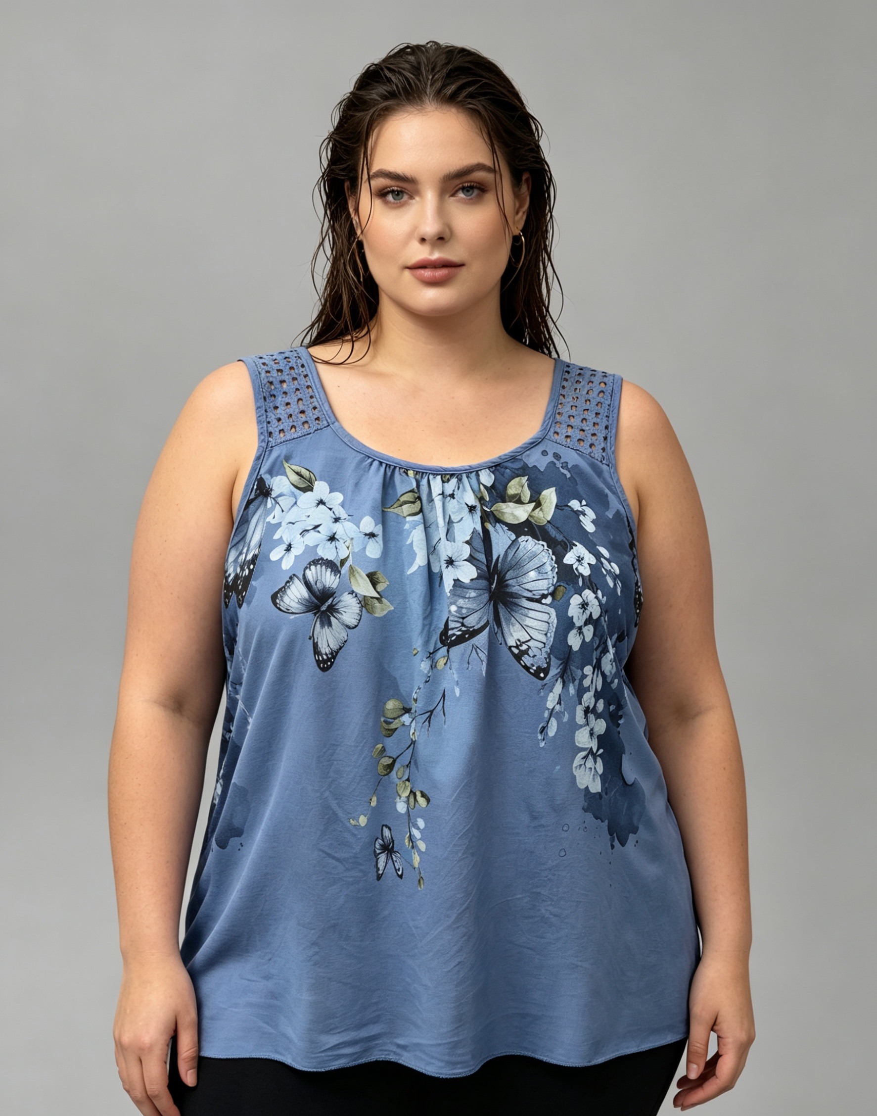Mayorista CURVY RONDE (Grande Taille/Over Size) - Camiseta sin mangas de talla grande con estampado de mariposas y flores, talla única, tirantes bordados calados