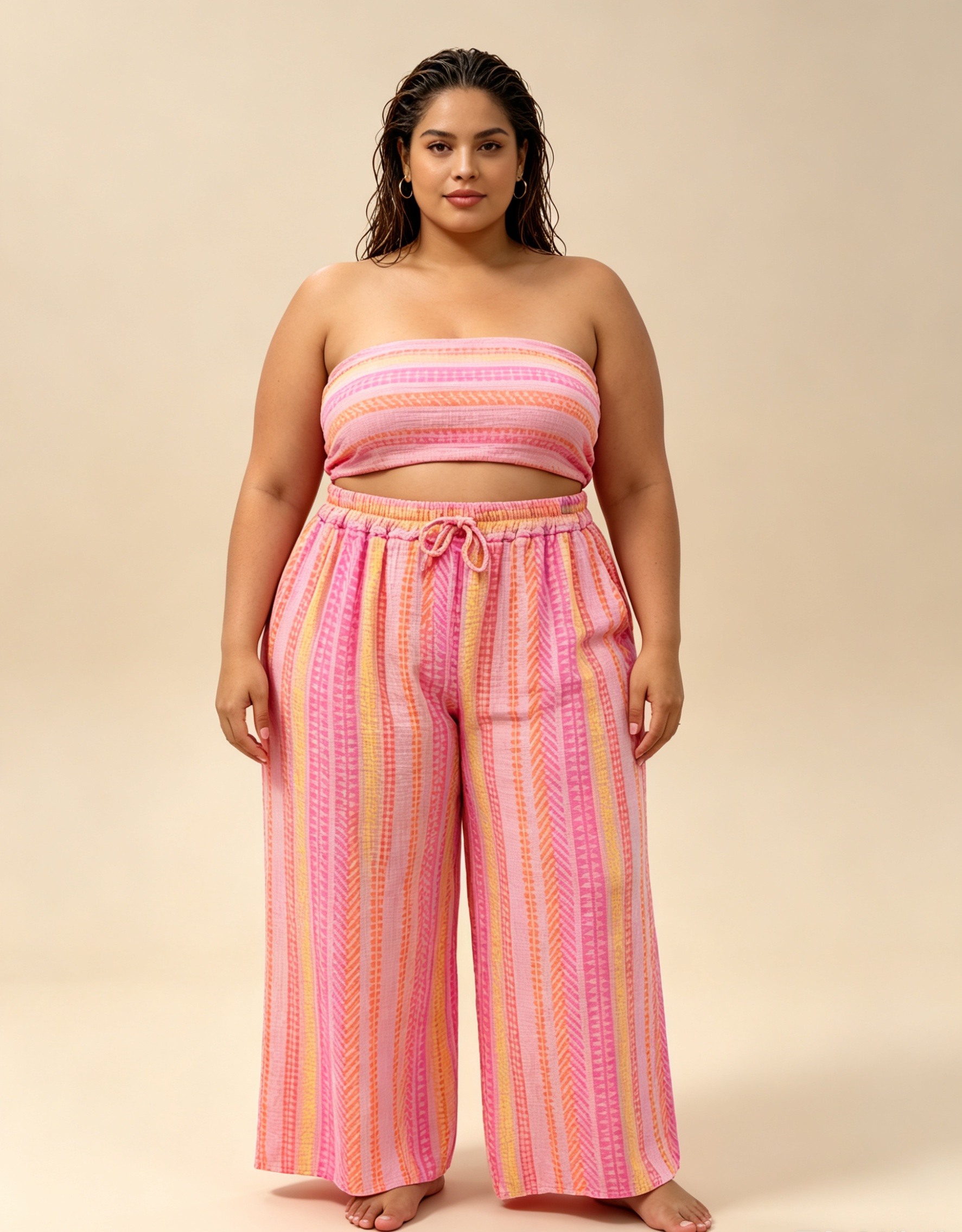 Großhändler CURVY RONDE (Grande Taille/Over Size) - Große Baumwollgaze-Hose mit gestreiften Taschen im bunten Boho-Stil
