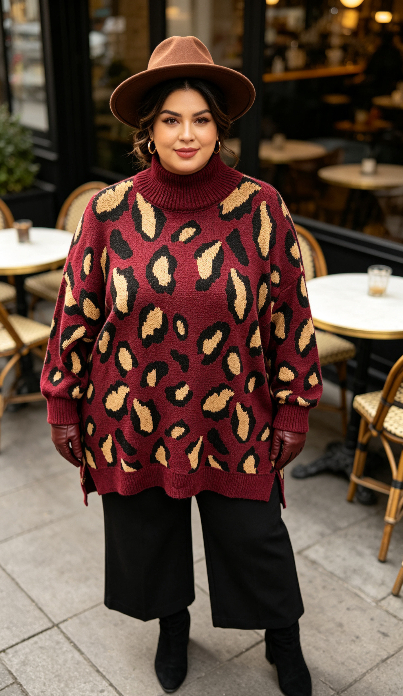 Grossiste CURVY RONDE (Grande Taille/Over Size) - Pull grande taille à imprimé léopard col demi-montant