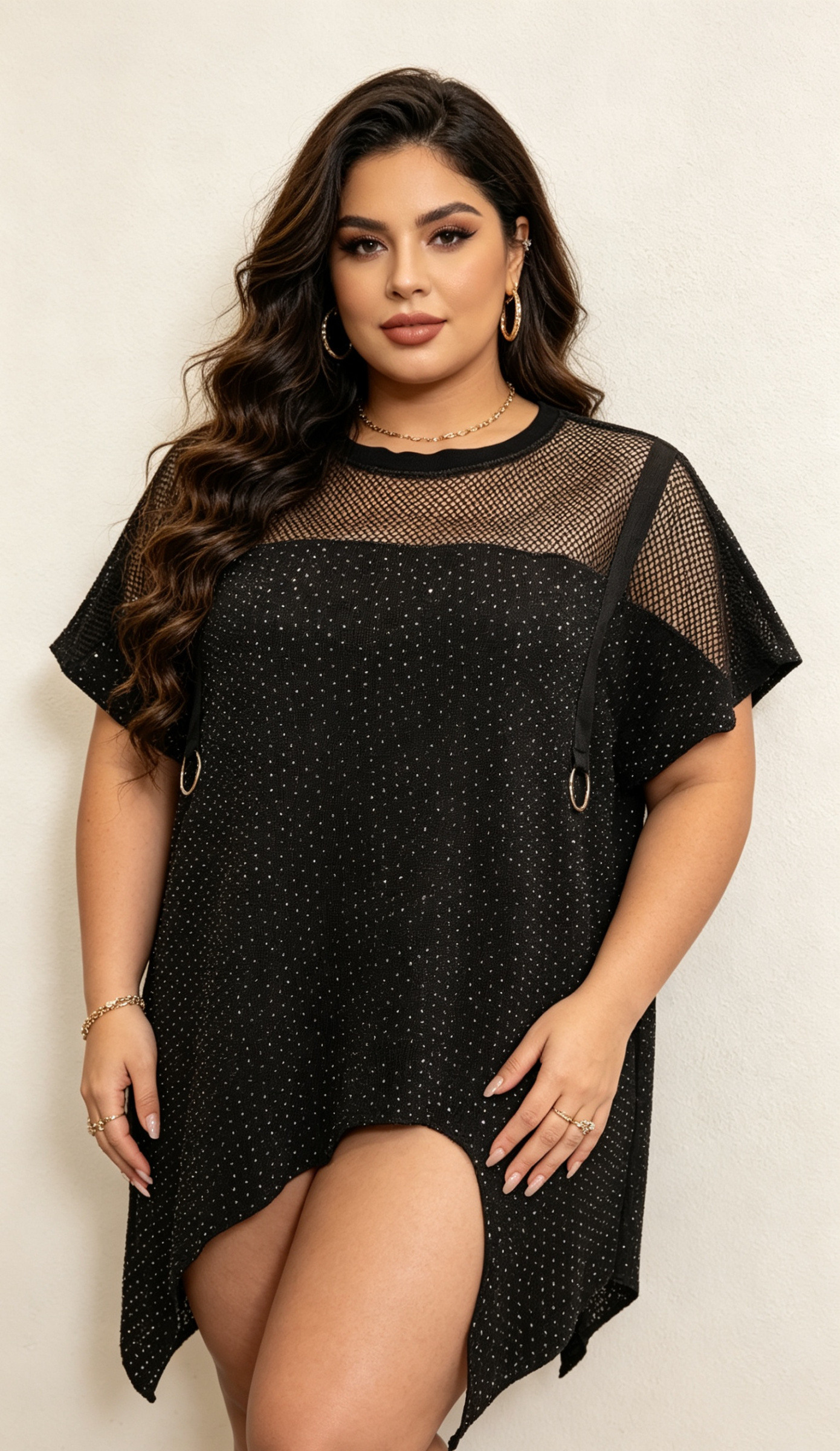 Grossiste CURVY RONDE (Grande Taille/Over Size) - Tunique ample grande taille strassé avec détail résille