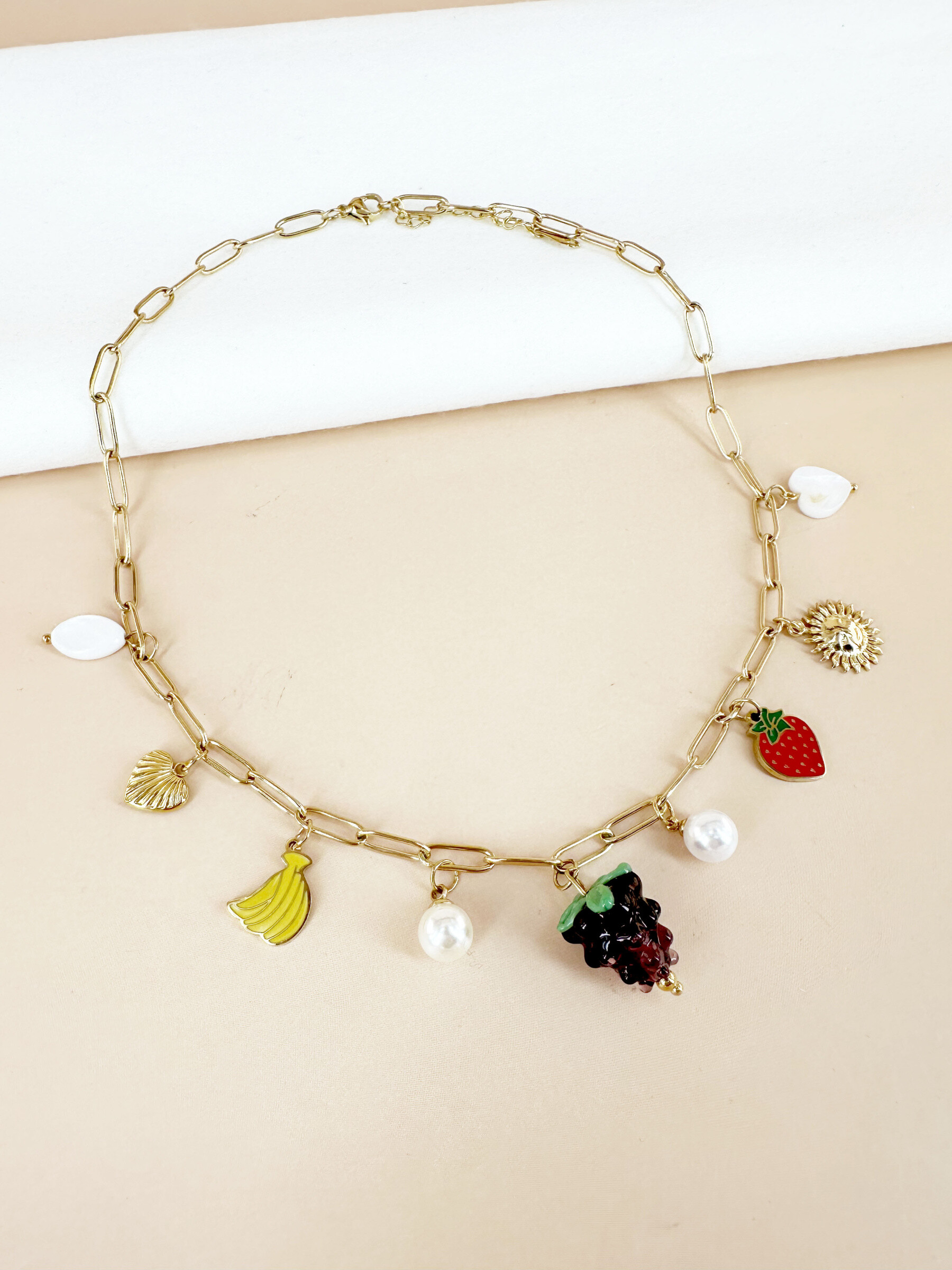 Grossiste D Bijoux - Collier breloques charms fruits en acier inoxydable