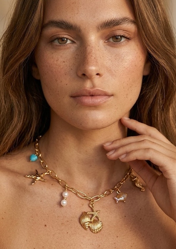 Wholesaler D Bijoux - Gold necklace with shell pendant and blue charms