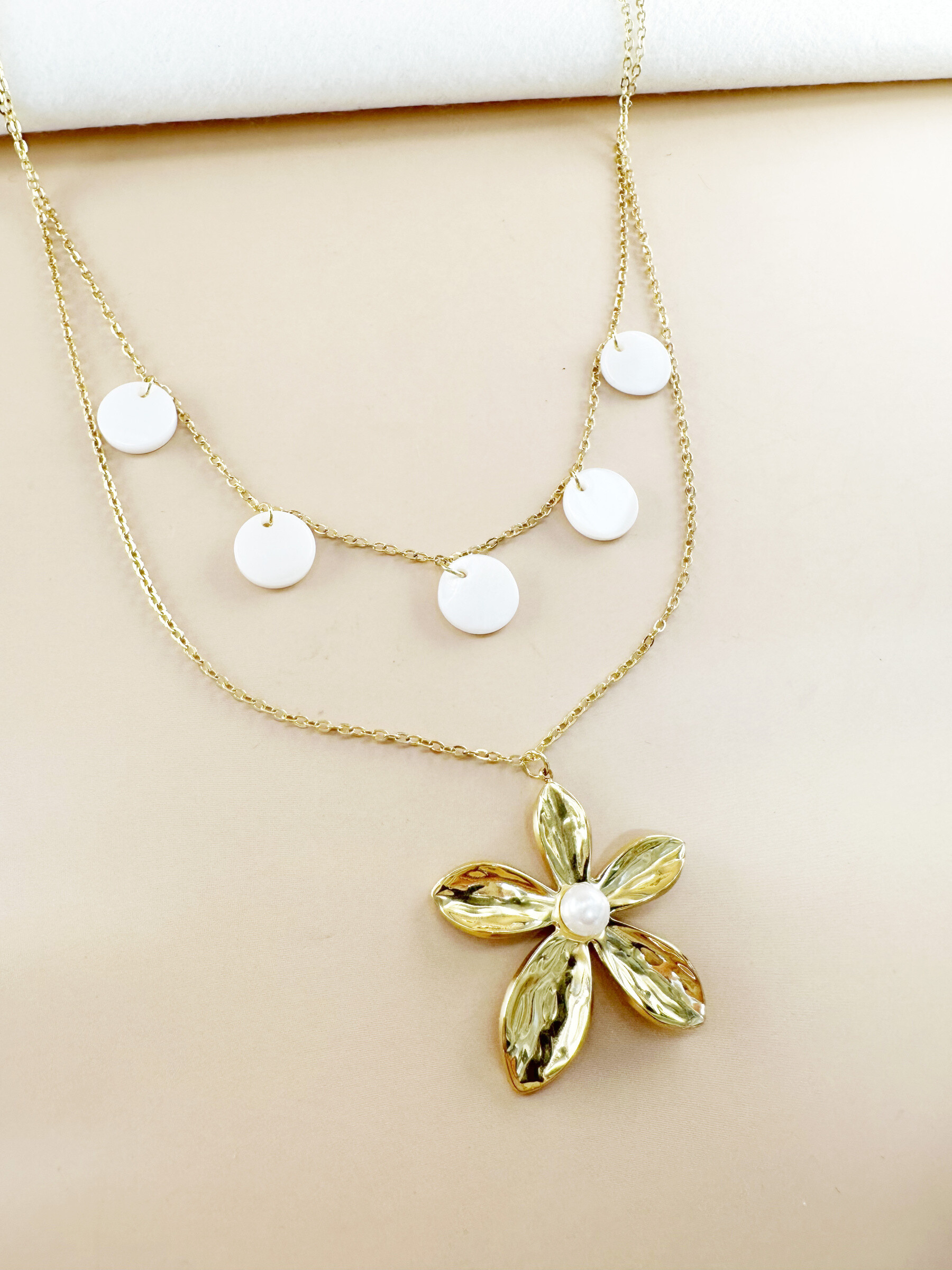 Wholesaler D Bijoux - Stainless steel double pearl and flower necklace