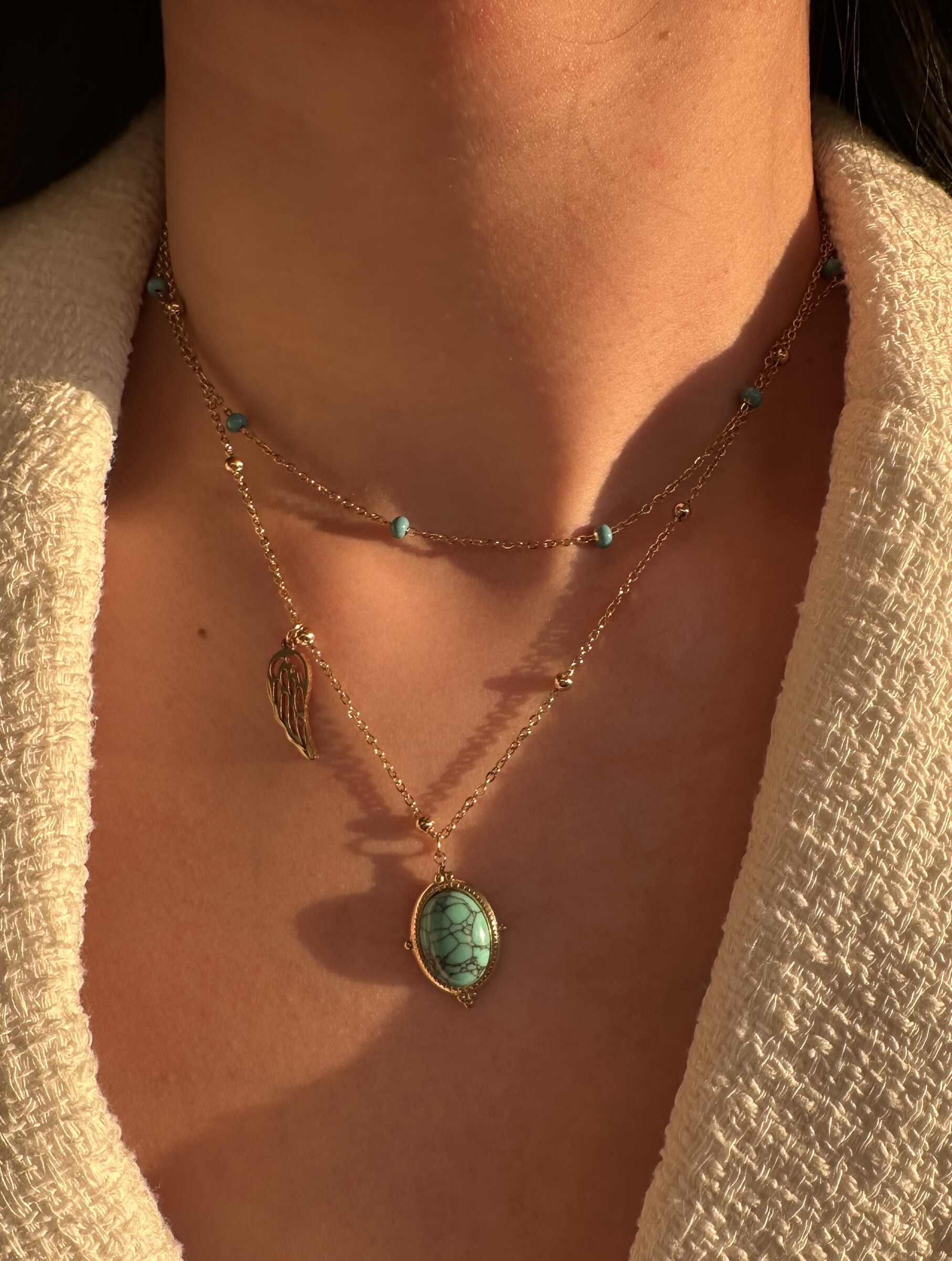 Grossiste D Bijoux - Collier double chaîne et pierre style turquoise en acier inoxydable