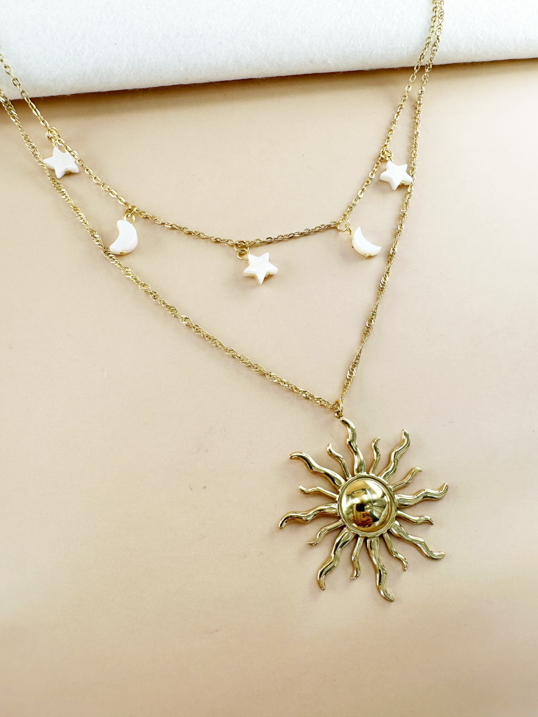 Grossista D Bijoux - Collana a doppia sole perla, luna stella in acciaio inossidabile
