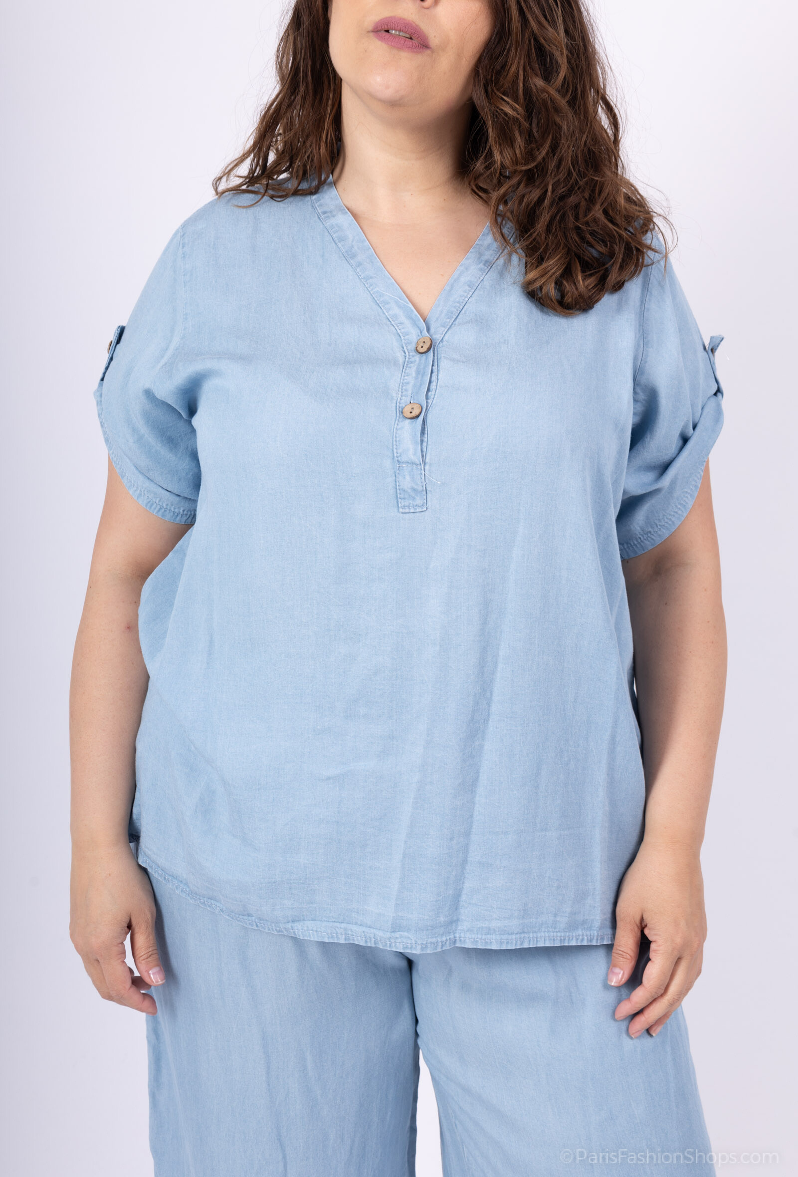 Großhändler D&L CREATION - Kurzwende Bluse in V -Neck- und Tencel T40 -Denim -Tasten bei T52