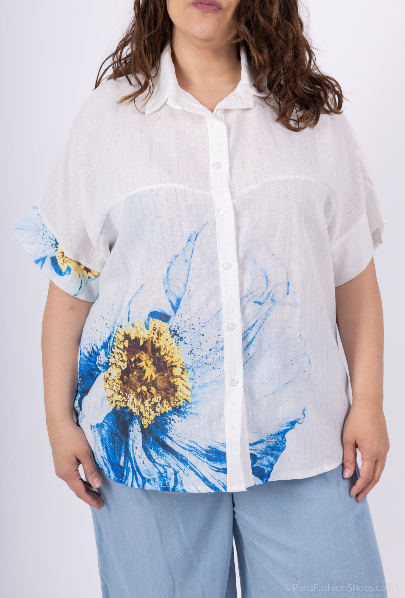 Grossiste D&L CREATION - Chemise manches courtes rayures argentées avec imprimé T40 à T54