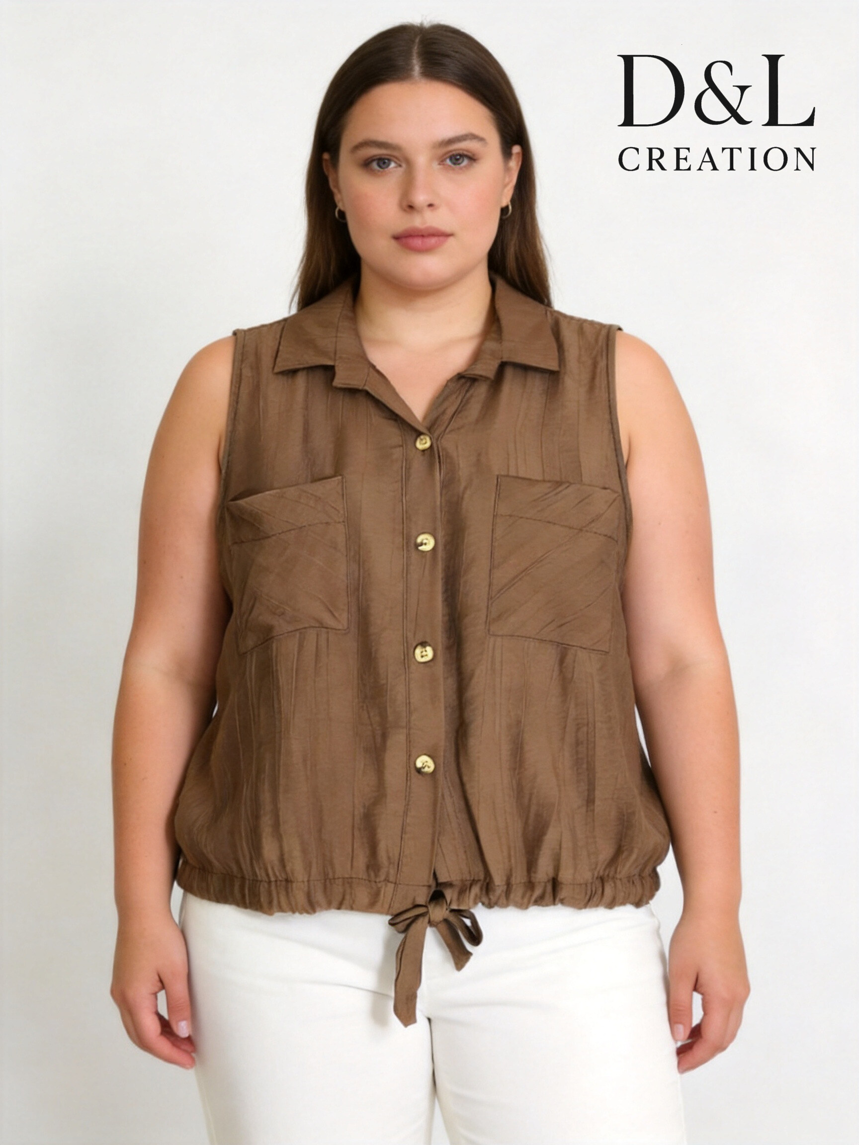 Großhändler D&L CREATION - Ärmellose Bluse mit Knoten vorne, Größen 38 bis 44