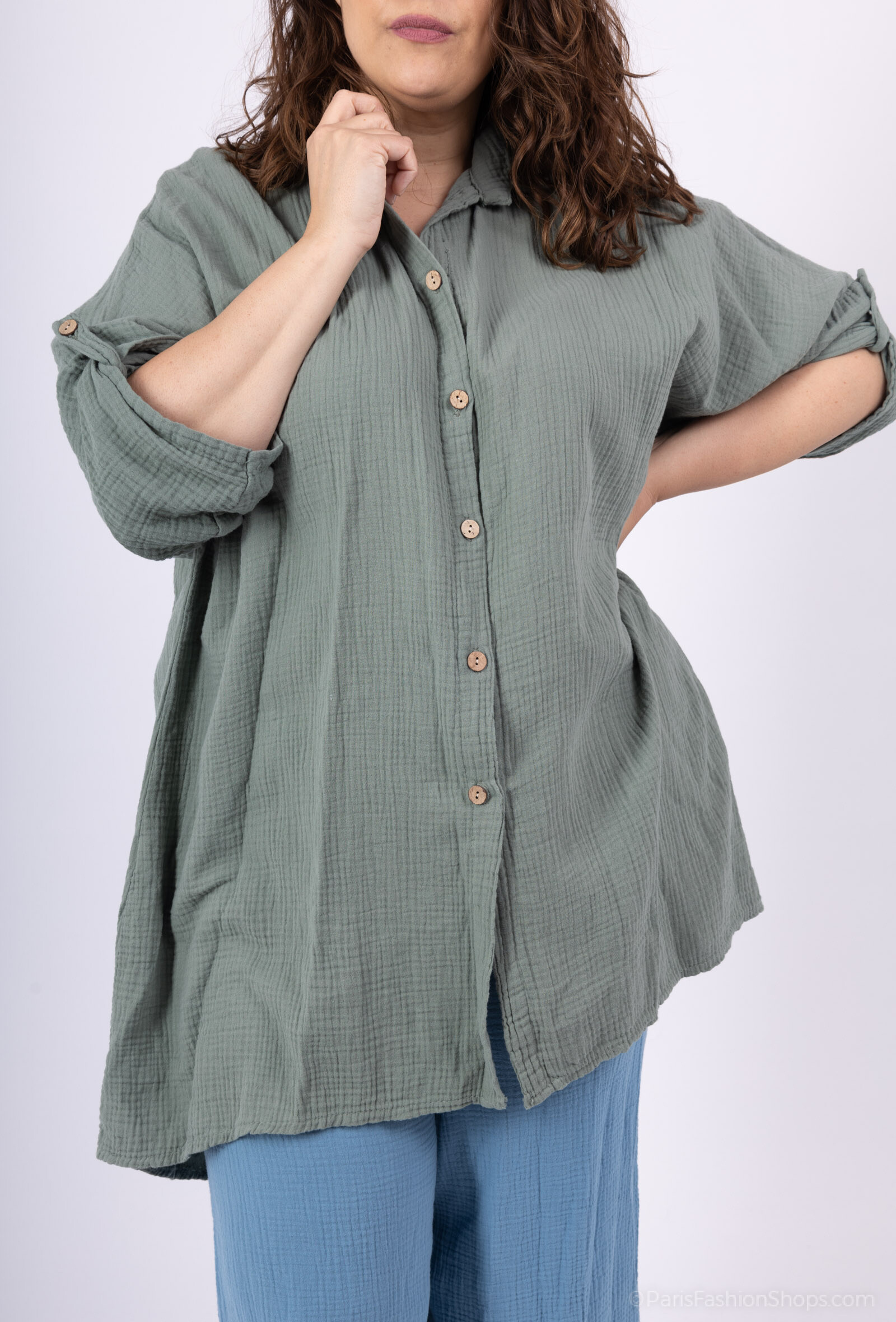 Mayorista D&L CREATION - Camisa abotonada de gran tamaño en una gasa de algodón doble T40 a T58