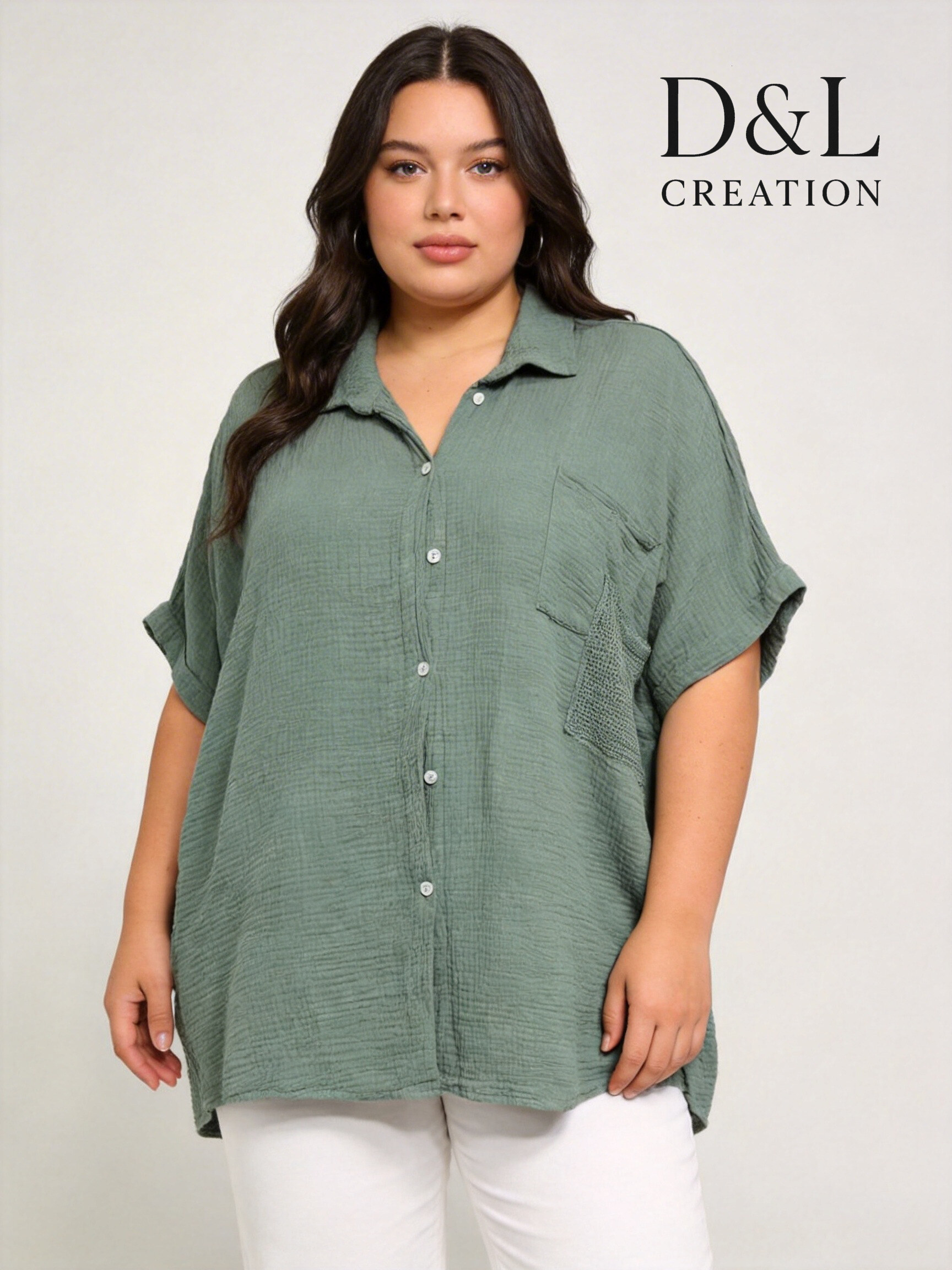 Grossiste D&L CREATION - Chemise grande taille double gaze de coton avec poches T40 à T60