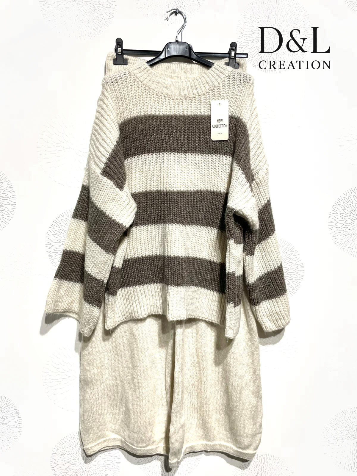 Grossiste D&L CREATION - Ensemble maille pull rayures pantalon uni T38 à T48+