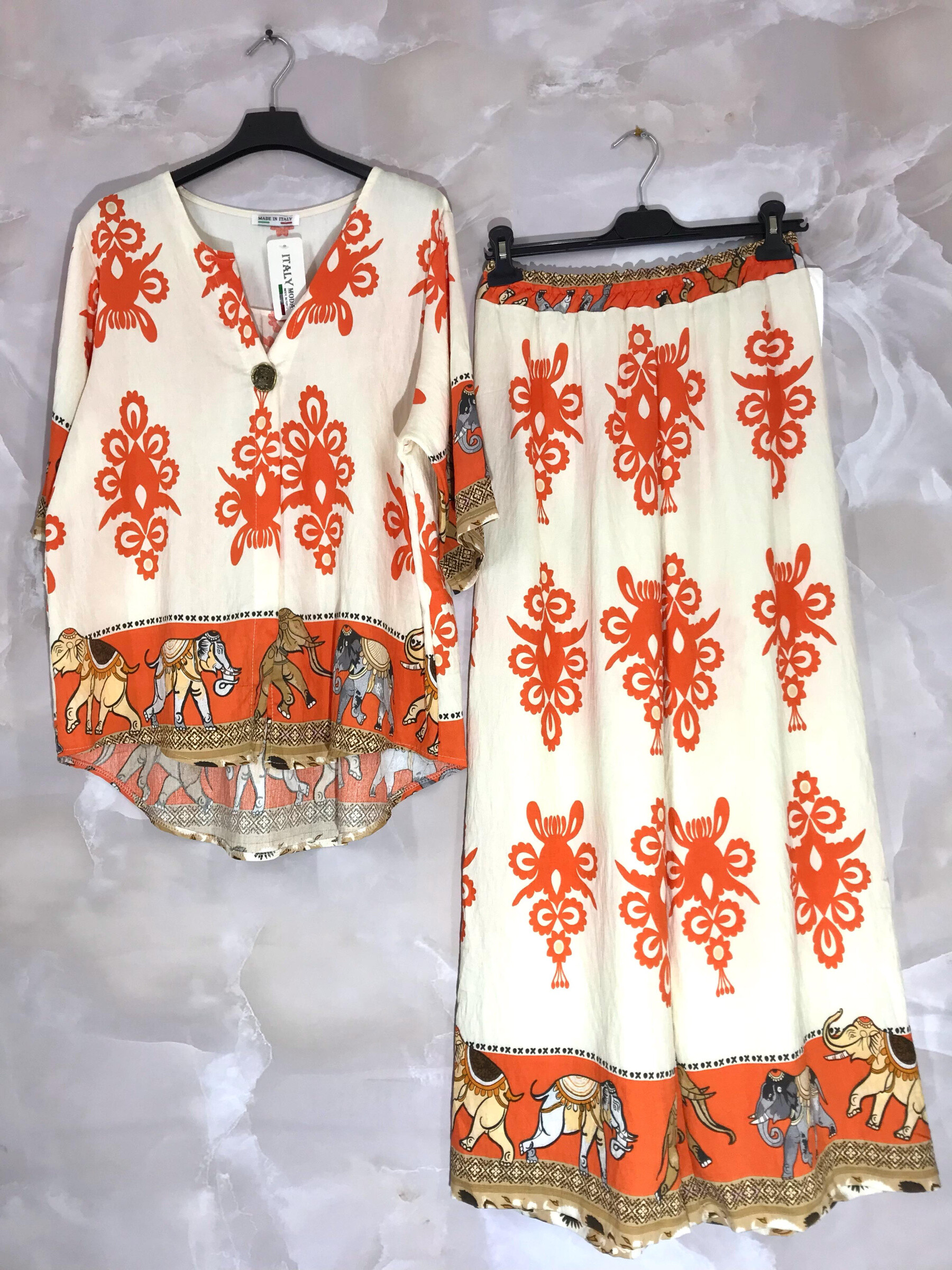 Grossiste D&L CREATION - Ensemble tunique pantalon en viscose imprimé coloré et éléphants T36 à T46