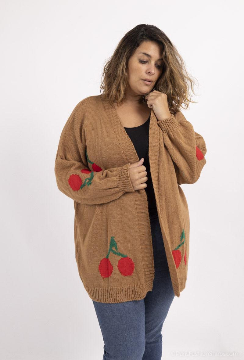 Wholesaler D&L Creation - Large size open cardigan with cherry embroidery