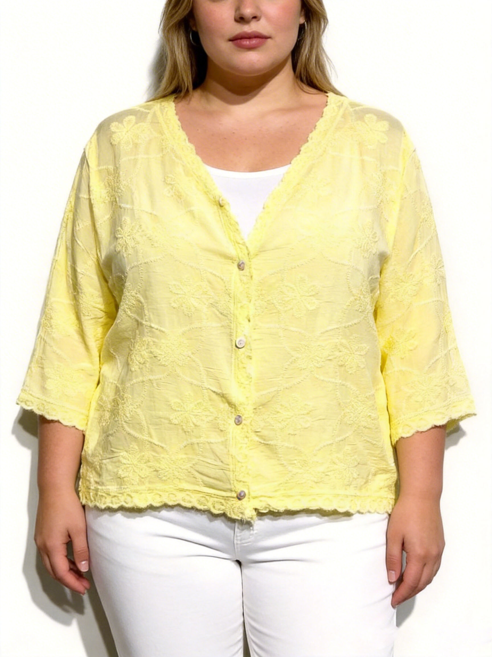 Grossista D&L CREATION - Cardigan in cotone con ricamo floreale taglie 38 a 48