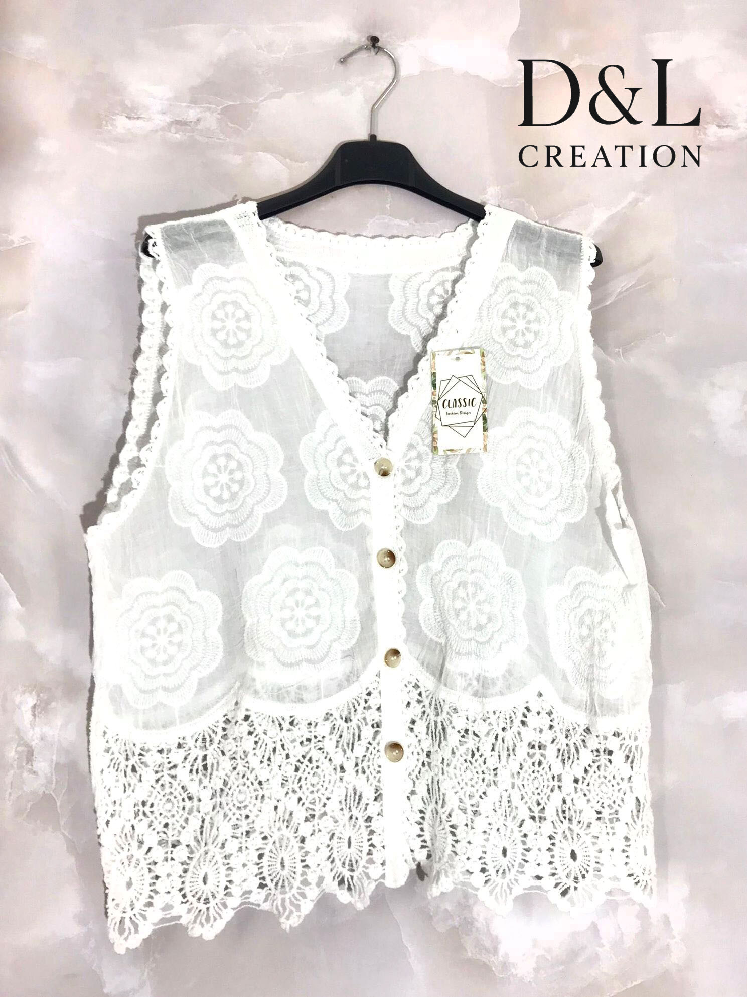 Grossista D&L CREATION - Gilet in cotone con pizzo e ricamo taglie 38 a 44