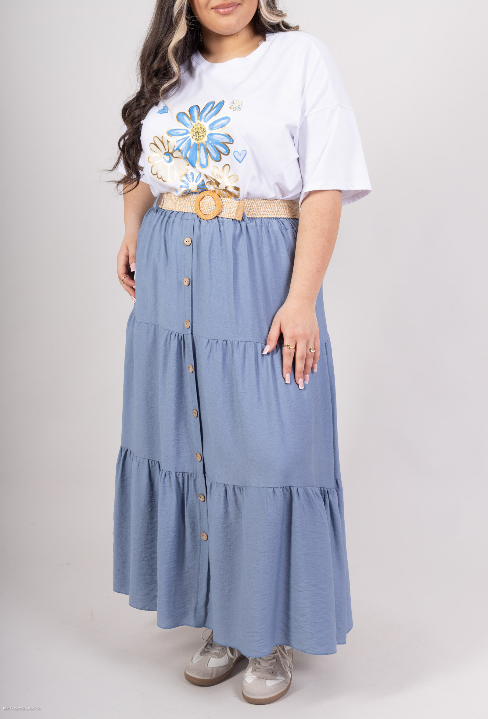 Grossiste D&L CREATION - Jupe longue unie avec ceinture et faux boutons style bohème T38 à T50
