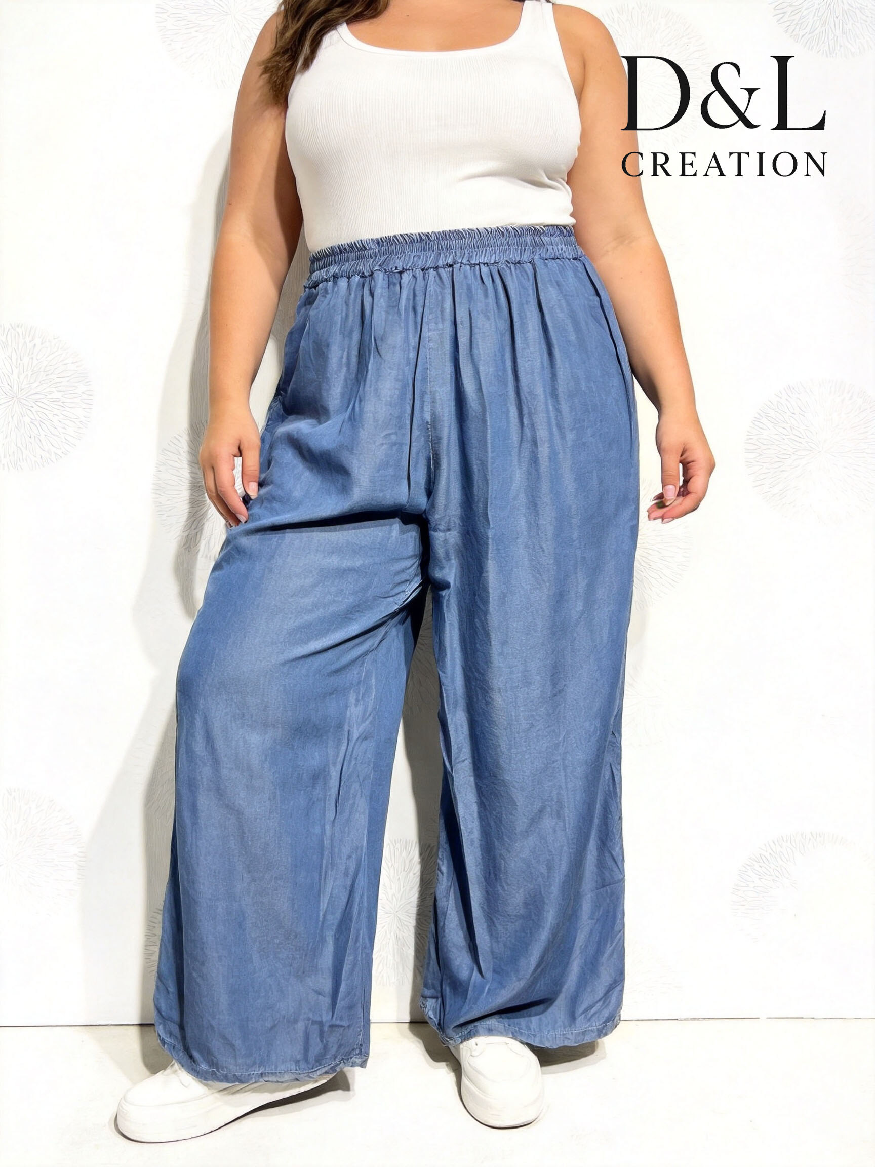 Großhändler D&L CREATION - Weit geschnittene Hose mit Tencel-Denim-Taschen, Größen 38 bis 50