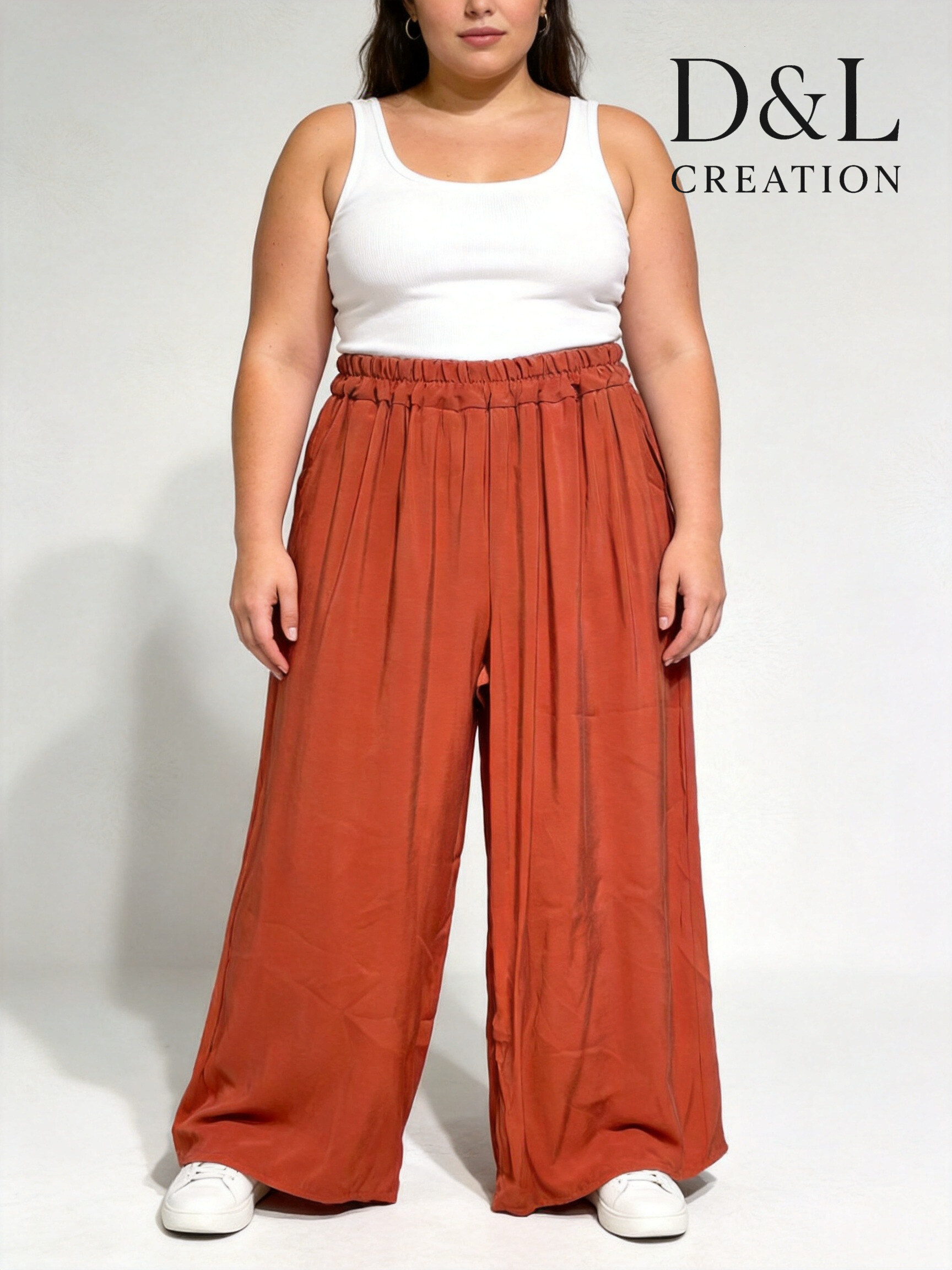 Wholesaler D&L CREATION - Wide-leg pants in soft, slightly shiny fabric, sizes T40 to T50