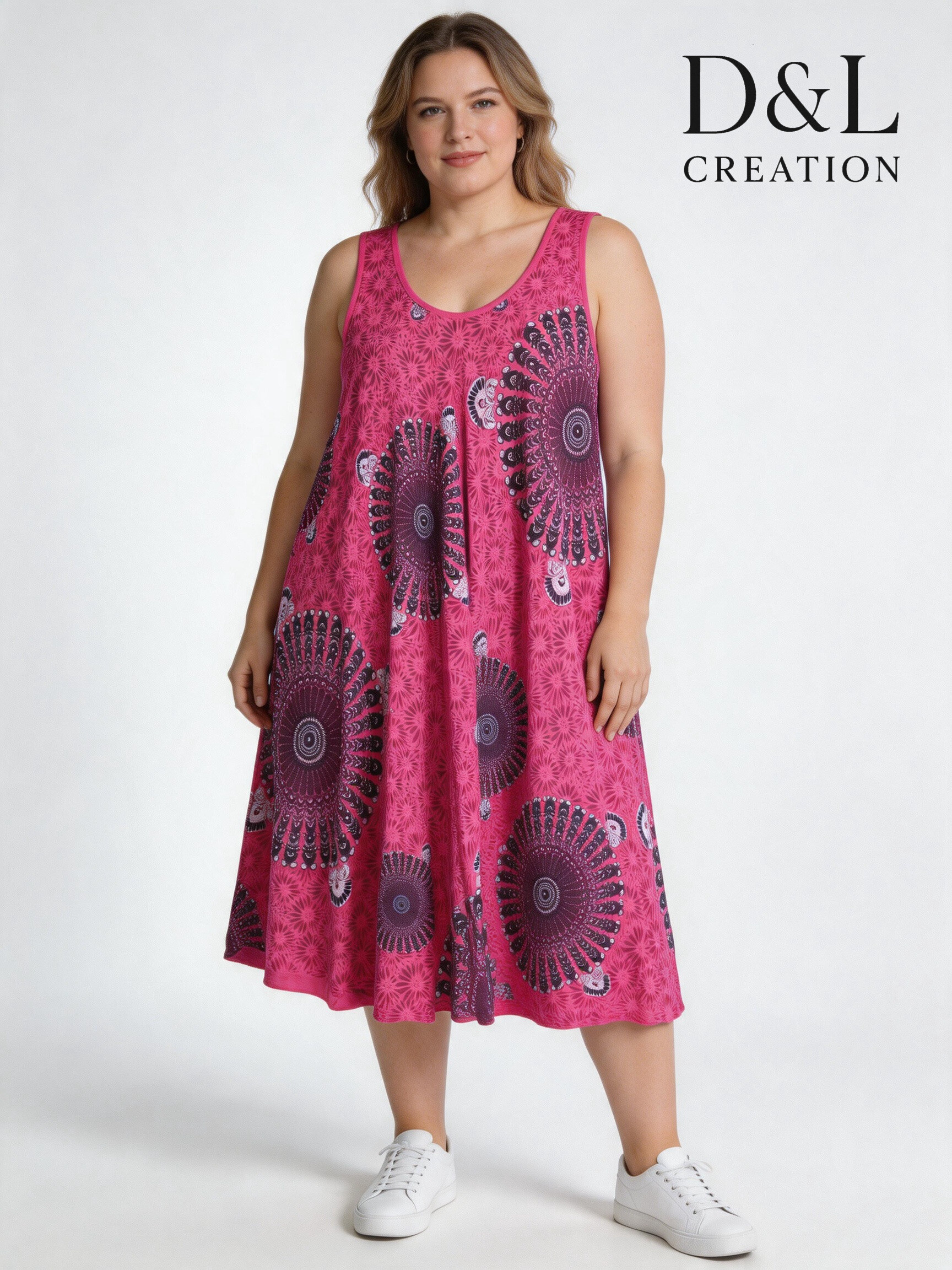 Großhändler D&L CREATION - Ausgestelltes Kleid mit runden Druckmustern, Größen 38 bis 50