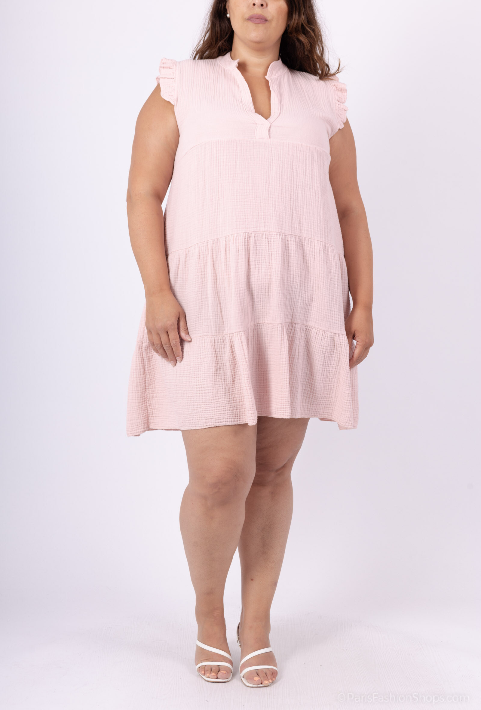 Großhändler D&L CREATION - Kurzes Kleid mit Hemdkragen aus doppelter Baumwollgaze Größe 38 bis 48