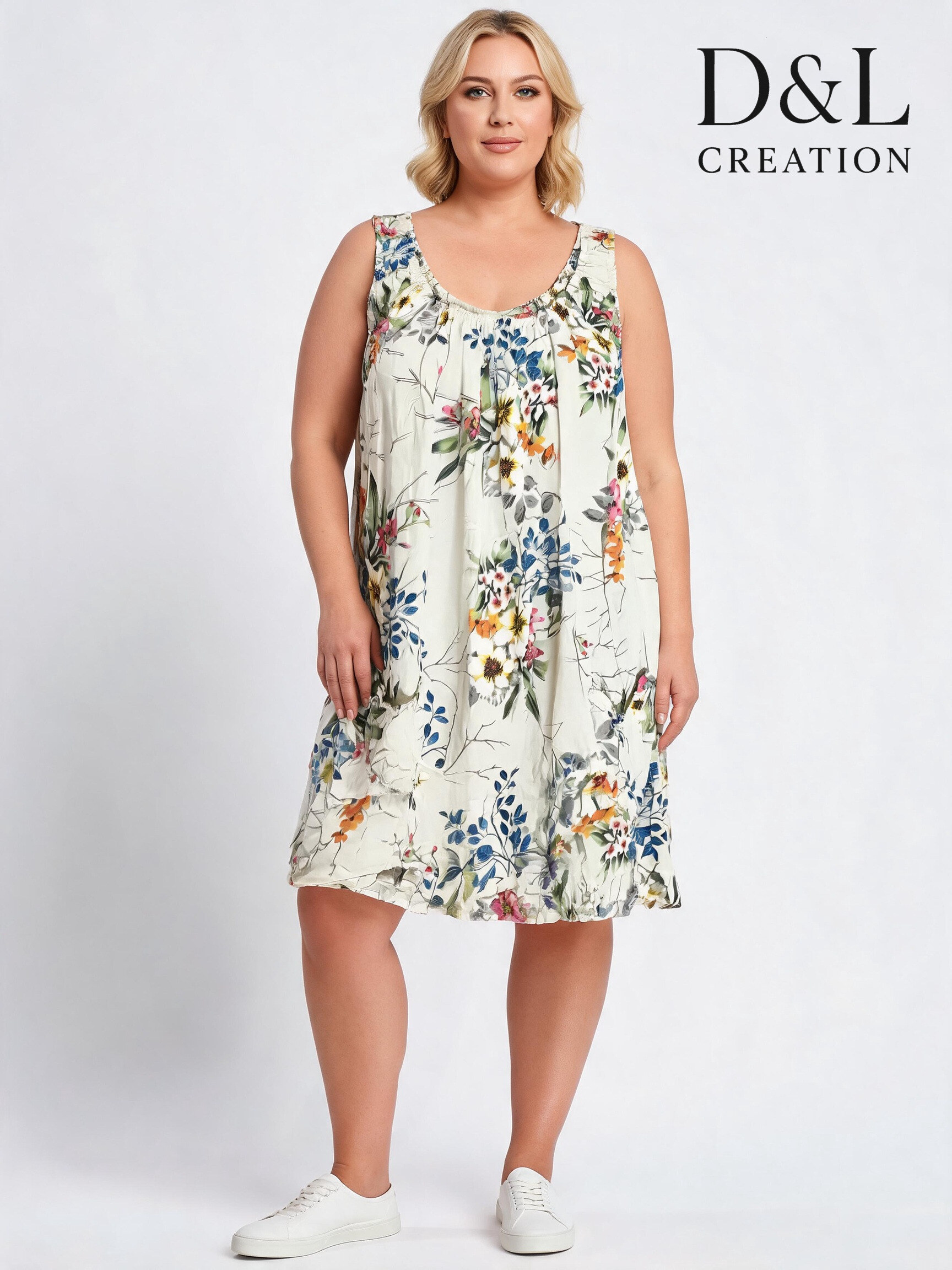 Mayorista D&L CREATION - Vestido de algodón estampado floral con bolsillos, tallas T38 a T50