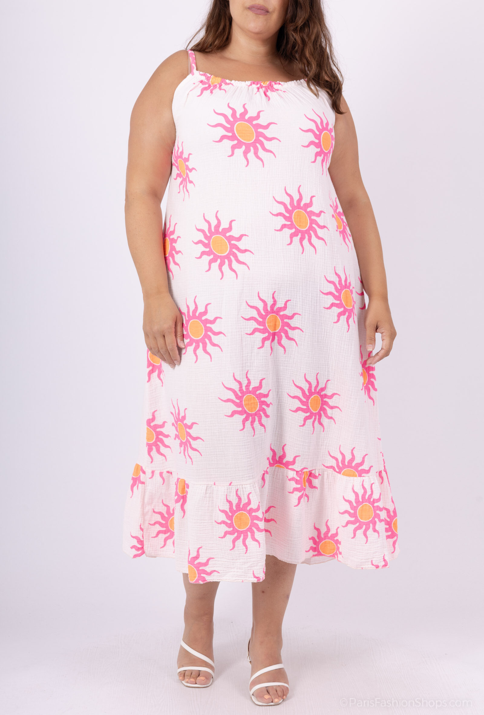 Grossiste D&L CREATION - Robe double gaze de coton soleils fluos T38 à T50