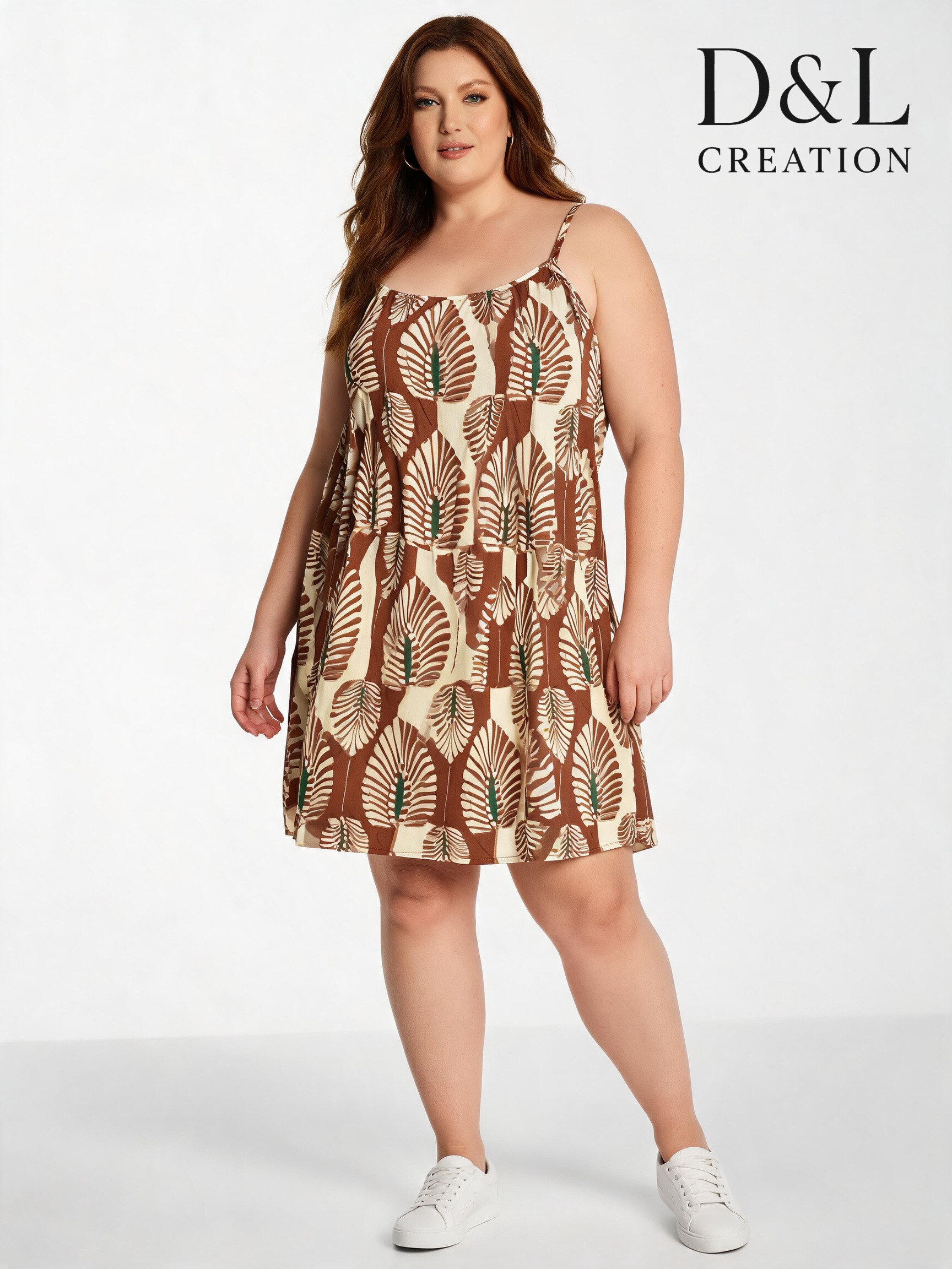 Mayorista D&L CREATION - Vestido de tirantes finos con estampado de fondo beige, tallas 38 a 48