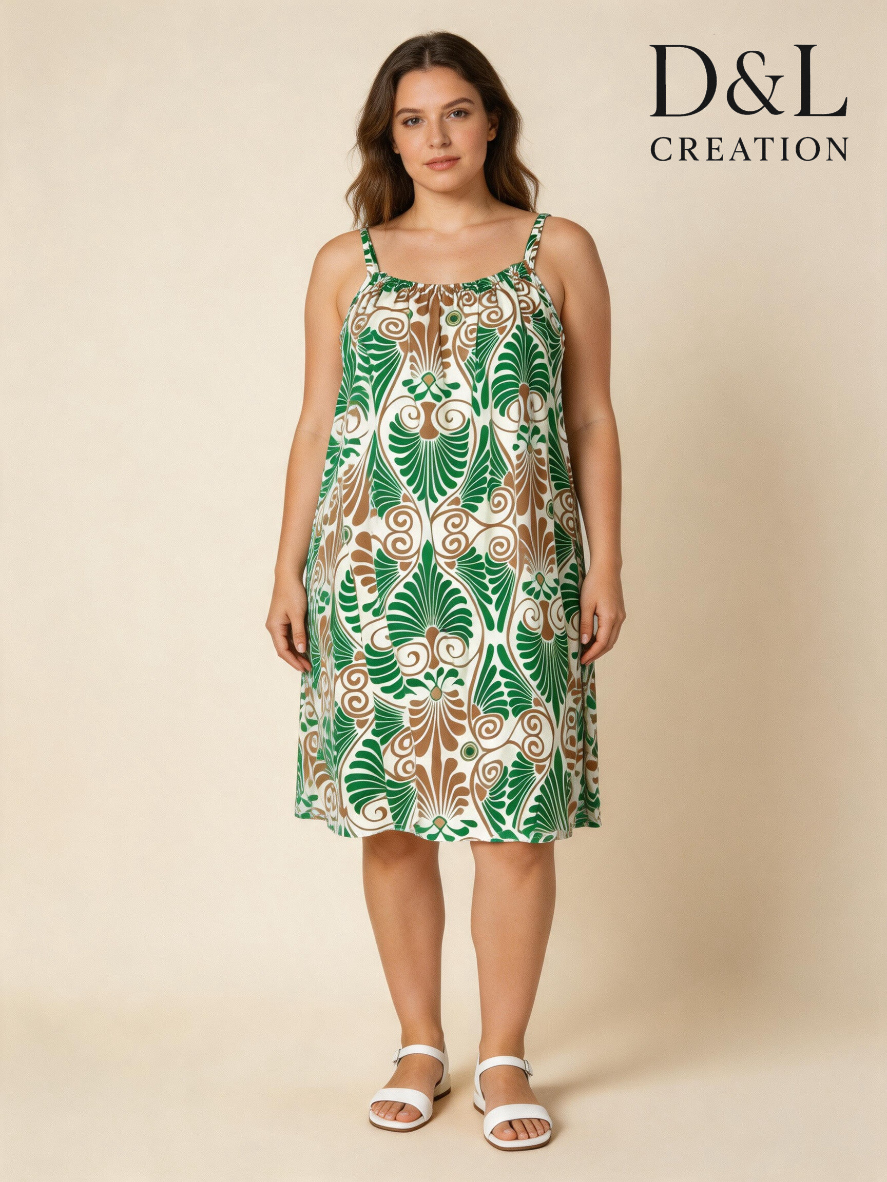 Mayorista D&L CREATION - Vestido de tirantes finos con estampado de fondo blanco, tallas 38 a 48